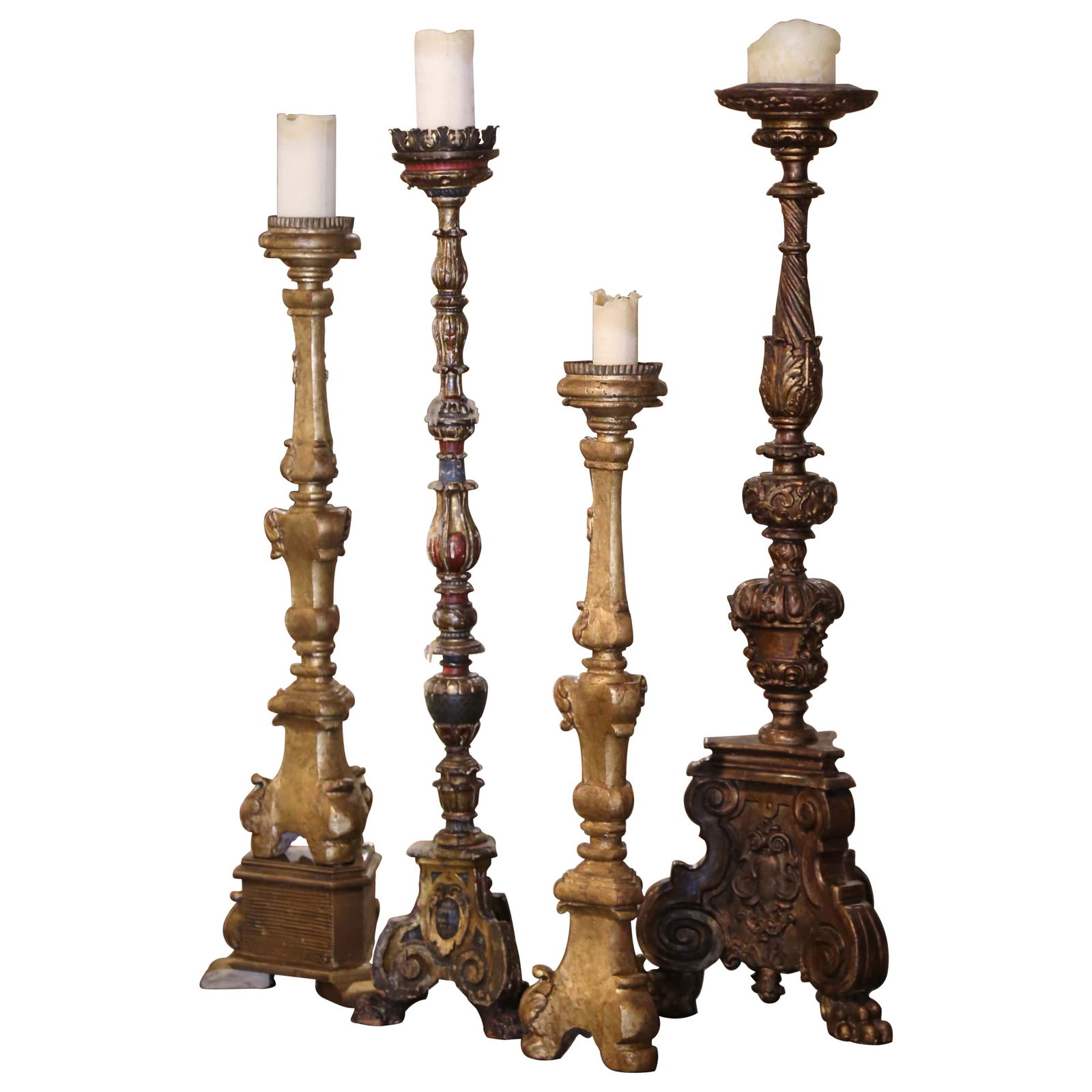 19th Century Italian Louis XV Carved Polychrome Candlesticks Set of Four: 19th Century Italian Louis XV Carved Polychrome Candlesticks Set of Four Enhance your home decor with this exquisite set of four 19th Century Italian carved polychrome and painted candlesticks. Crafte