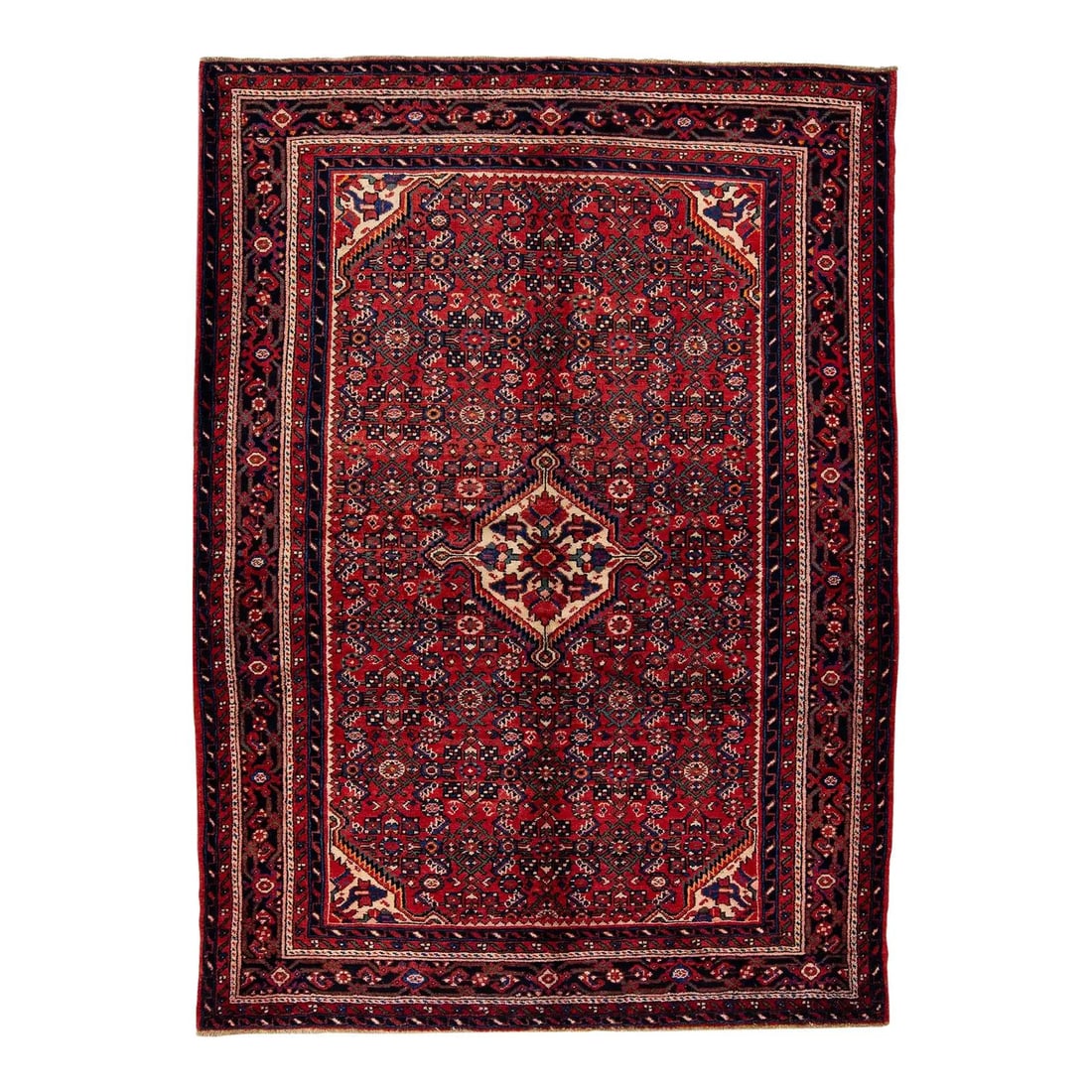 1960s Persian Hamadan Navy Blue Handmade Wool Rug Medallion Design: 1960s Persian Hamadan Navy Blue Handmade Wool Rug Medallion Design This stunning vintage Persian Hamadan rug showcases exquisite hand-knotting in rich wool, highlighted by a striking navy blue field.