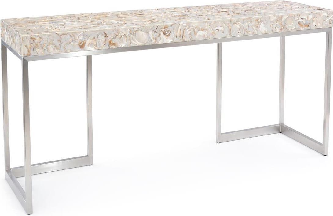 John-Richard Elegant Capiz Shell Table with Stainless Steel Frame: John-Richard Elegant Capiz Shell Table with Stainless Steel Frame Introducing the Elegant Capiz Shell Table, a stunning piece by John-Richard that combines natural beauty with modern design. Featuring