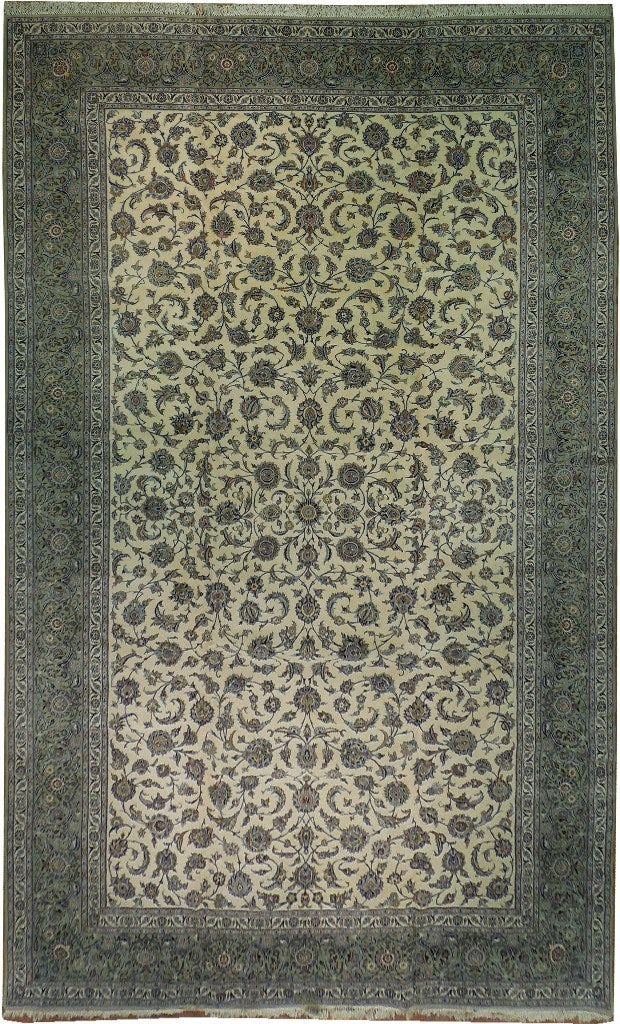 Persian Signed Kashan Rug 11'10 x 19'8 Ivory Blue Green Hand-Knotted: Persian Signed Kashan Rug 11'10 x 19'8 Ivory Blue Green Hand-Knotted Free continental US Shipping Discover the elegance of this stunning Persian Signed Kashan Rug, handcrafted by skilled artisans in t