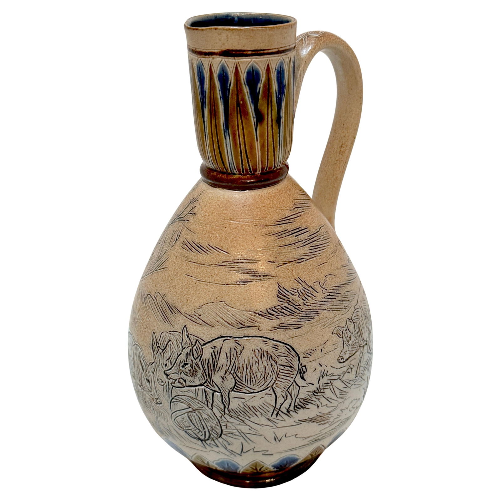 Hannah Barlow Doulton Lambeth 1883 Jug Girl and Pigs Landscape: Hannah Barlow Doulton Lambeth 1883 Jug Girl and Pigs Landscape This exquisite Doulton Lambeth jug, crafted in 1883 by the renowned artist Hannah Barlow, is a remarkable example of High Victorian stone