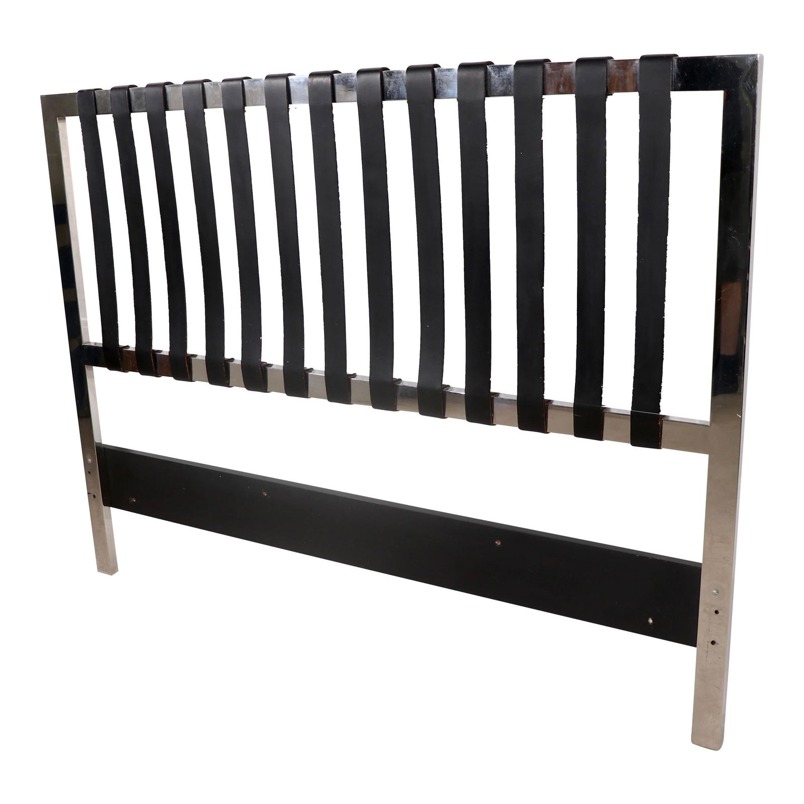 Post Modern Chrome Leather Queen Headboard Milo Baughman Style 1970s: Post Modern Chrome Leather Queen Headboard Milo Baughman Style 1970s This chic post-modern queen size headboard features a striking bright chrome frame complemented by vertical black leather straps th