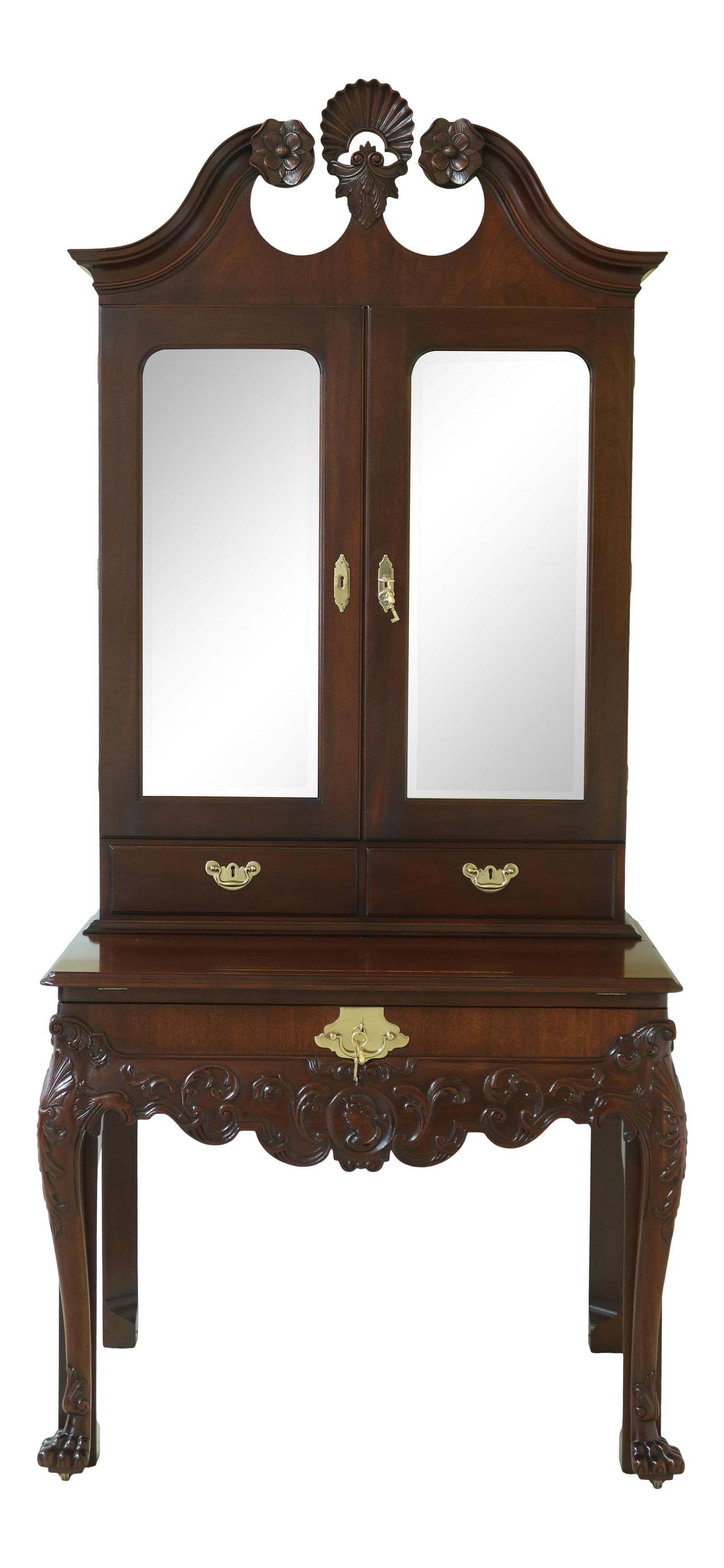 Kindel Irish Georgian Mahogany Secretary Bookcase Desk with Beveled Glass: Kindel Irish Georgian Mahogany Secretary Bookcase Desk with Beveled Glass This exquisite Kindel Irish Georgian Carved Mahogany Secretary Bookcase Desk showcases a blend of elegance and functionality.
