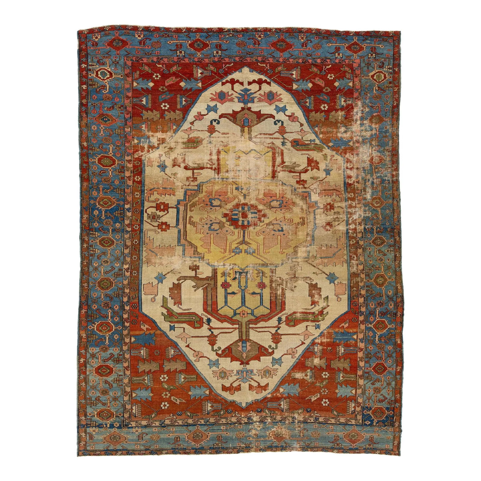 1890s Antique Persian Serapi Wool Rug Medallion Design 9'8 x 12'10: 1890s Antique Persian Serapi Wool Rug Medallion Design 9'8 x 12'10 This exquisite hand-knotted Persian Serapi rug from the 1890s showcases a stunning medallion design set against a beige field. The in