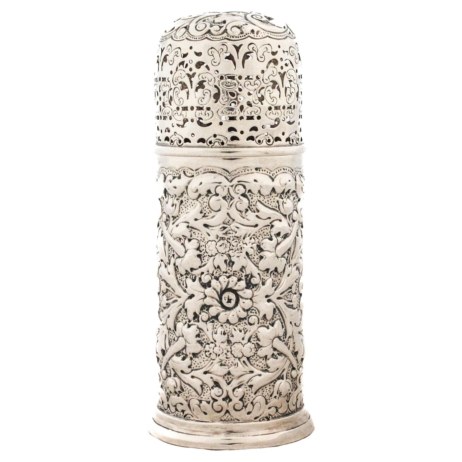 1843 Victorian Sterling Silver Muffineer by Lias Brothers: 1843 Victorian Sterling Silver Muffineer by Lias Brothers This exquisite Victorian muffineer, crafted in 1843, is a stunning representation of mid-19th century English silverware. Made from sterling s