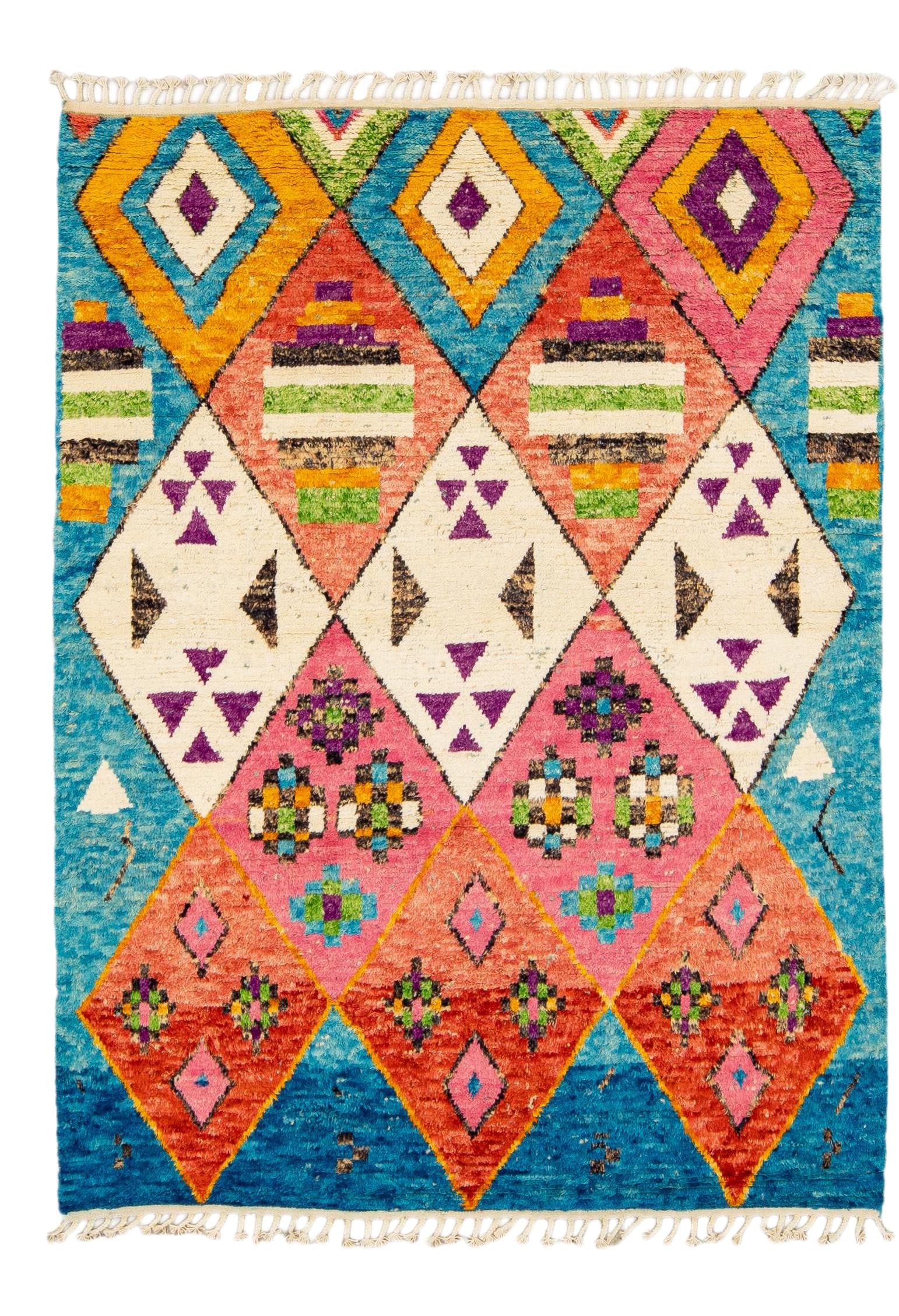 Handmade Blue Moroccan Wool Rug with Multicolor Accents: Handmade Blue Moroccan Wool Rug with Multicolor Accents Enhance your living space with this stunning modern Moroccan style handmade wool rug. Featuring a vibrant blue field, this exquisite rug is ador