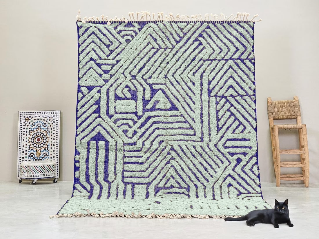 Authentic Handmade Berber Rug 8 x 5 Feet Engraved Geometric Design: Authentic Handmade Berber Rug 8 x 5 Feet Engraved Geometric Design Transform your living space with this authentic handmade Berber rug, skillfully crafted in the Atlas Mountains of Morocco by talented