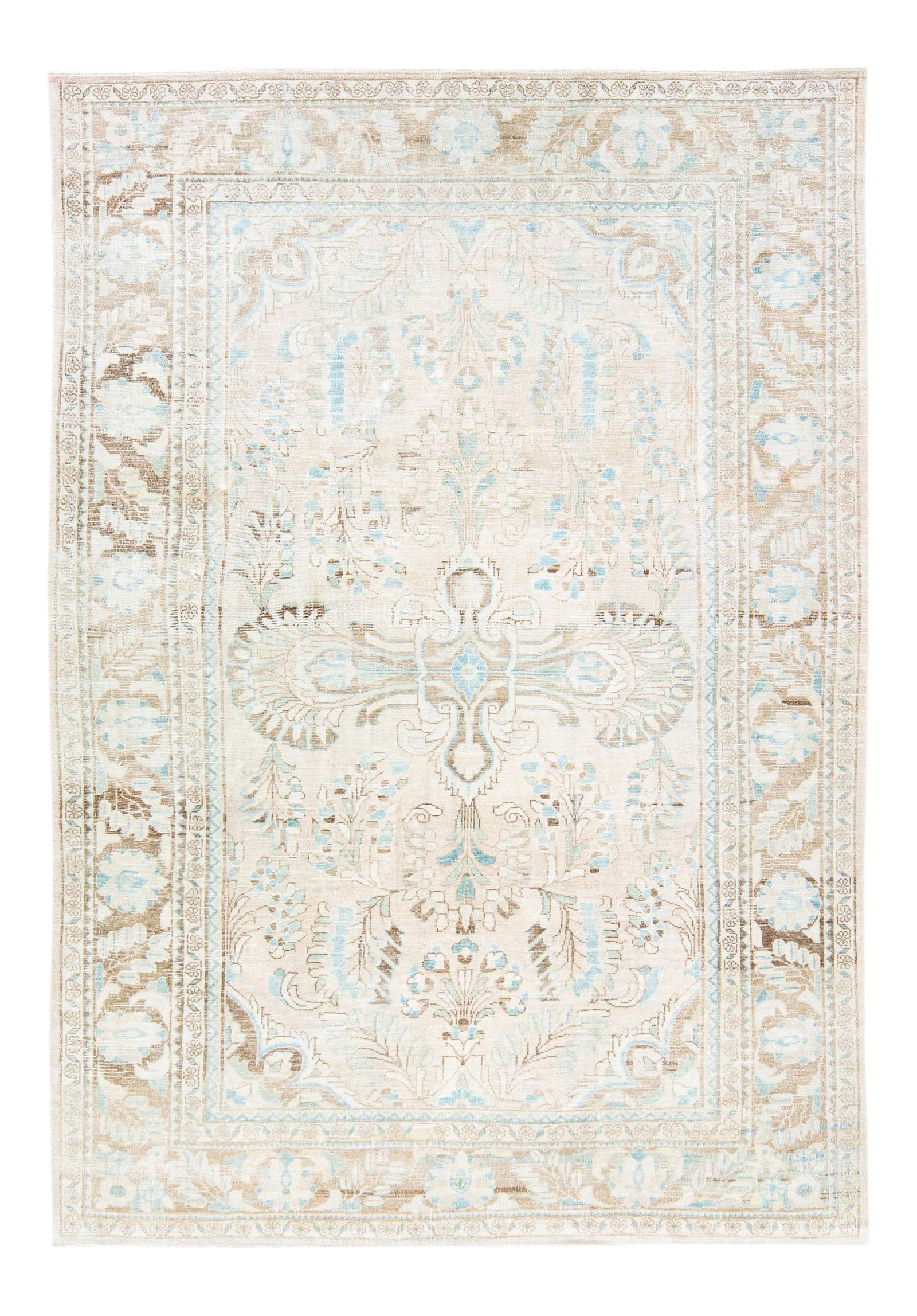 Antique Mahal Handmade Beige Wool Rug 7'1" x 10'2" Medallion Design: Antique Mahal Handmade Beige Wool Rug 7'1" x 10'2" Medallion Design This exquisite hand-knotted antique Mahal wool rug features a beautiful beige field adorned with a traditional medallion floral patt