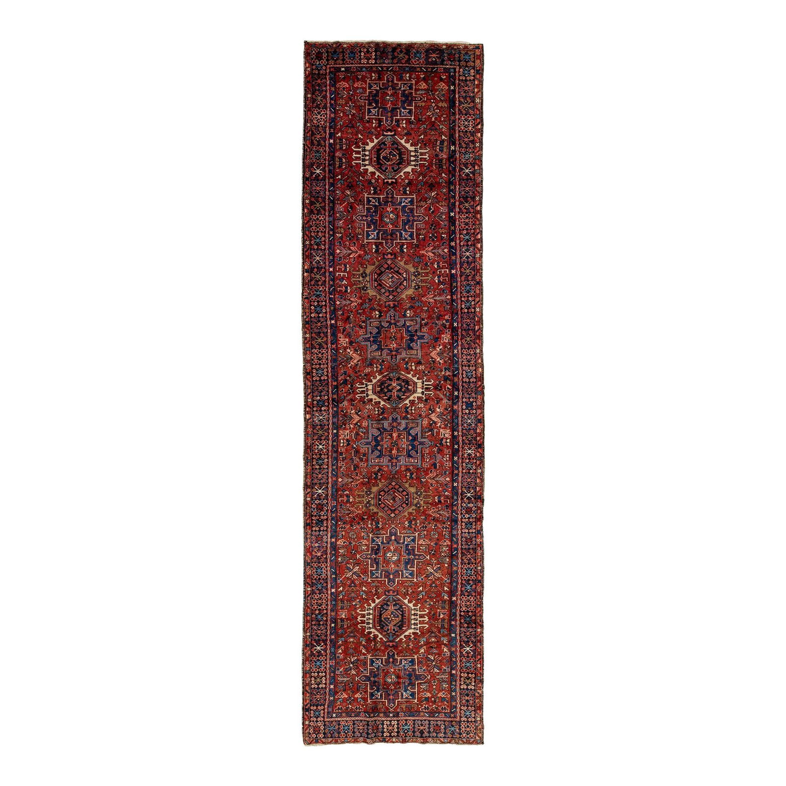 Vintage 1960s Handmade Persian Heriz Wool Runner Red 3'9 x 14'9: Vintage 1960s Handmade Persian Heriz Wool Runner Red 3'9 x 14'9 Discover the beauty of this 1960s Vintage Heriz Handmade Wool Runner, featuring a stunning multicolor tribal pattern set against a vibra
