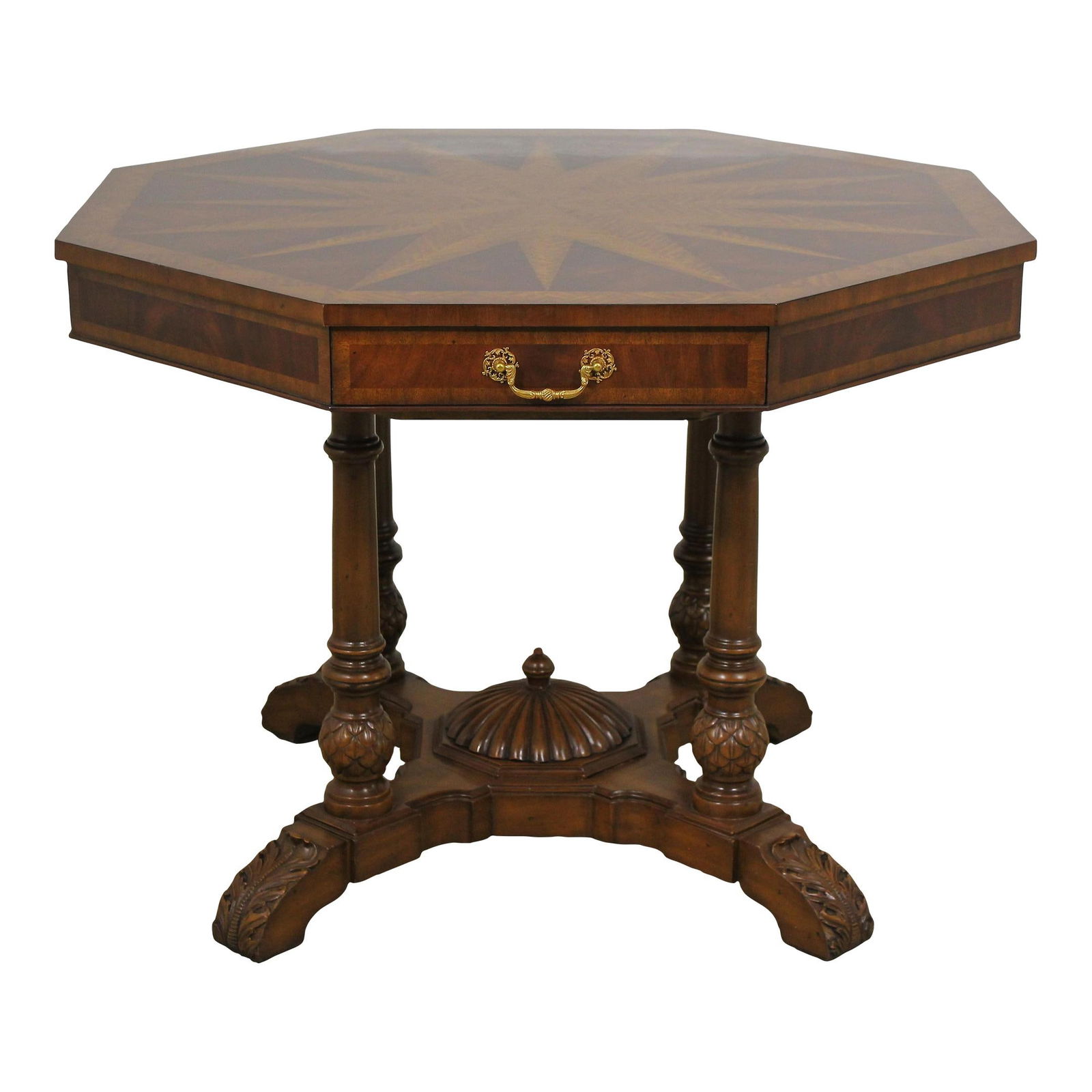 Maitland Smith Sunburst Hall Table with 4 Drawers and Brass Hardware: Maitland Smith Sunburst Hall Table with 4 Drawers and Brass Hardware Introducing the Maitland Smith Sunburst Hall Table, a stunning piece that combines elegance with functionality. This exquisite tabl