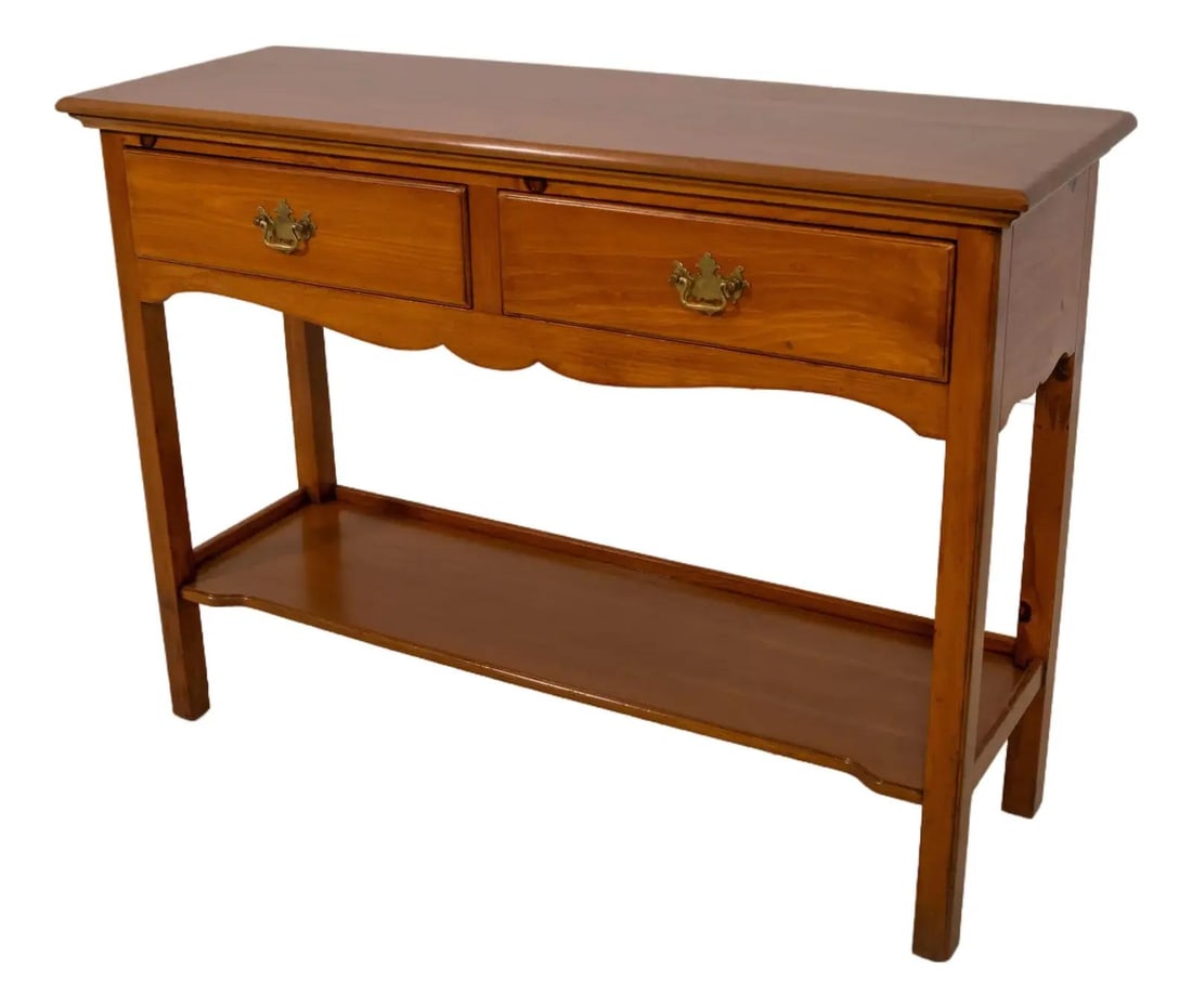 Country Pine Server Table with Two Drawers and Shelves by Kittinger: Country Pine Server Table with Two Drawers and Shelves by Kittinger This Kittinger country pine server buffet table features a two-tier design with two dovetail drawers, a stretcher base frame, and a