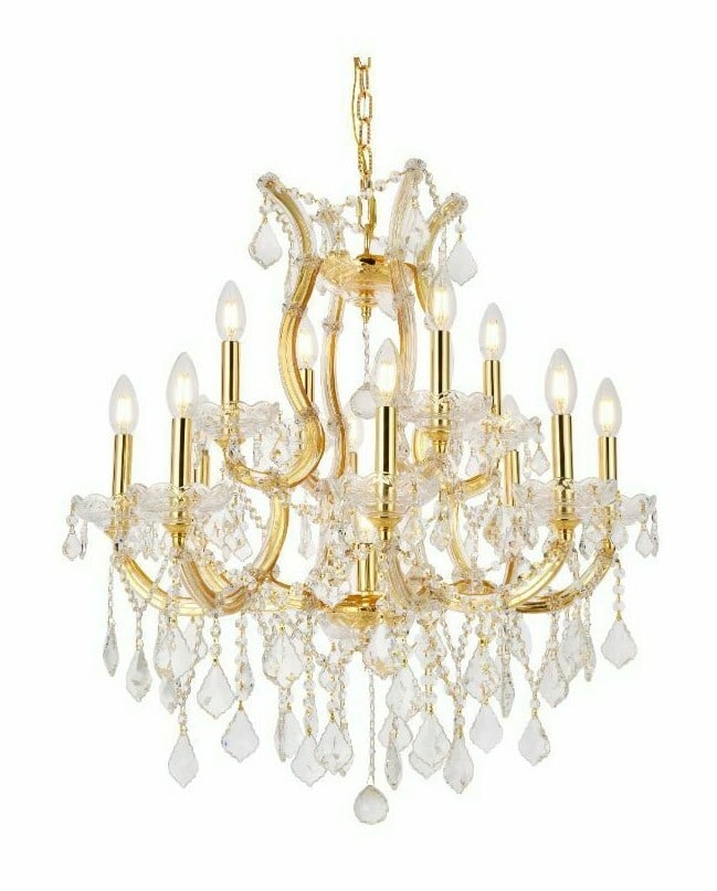 Maria Theresa 13-Light Gold Crystal Chandelier 27 Inch Modern Elegance: Maria Theresa 13-Light Gold Crystal Chandelier 27 Inch Modern Elegance Illuminate your space with the stunning Maria Theresa 13-Light Chandelier. This elegant ceiling light fixture features a beautifu