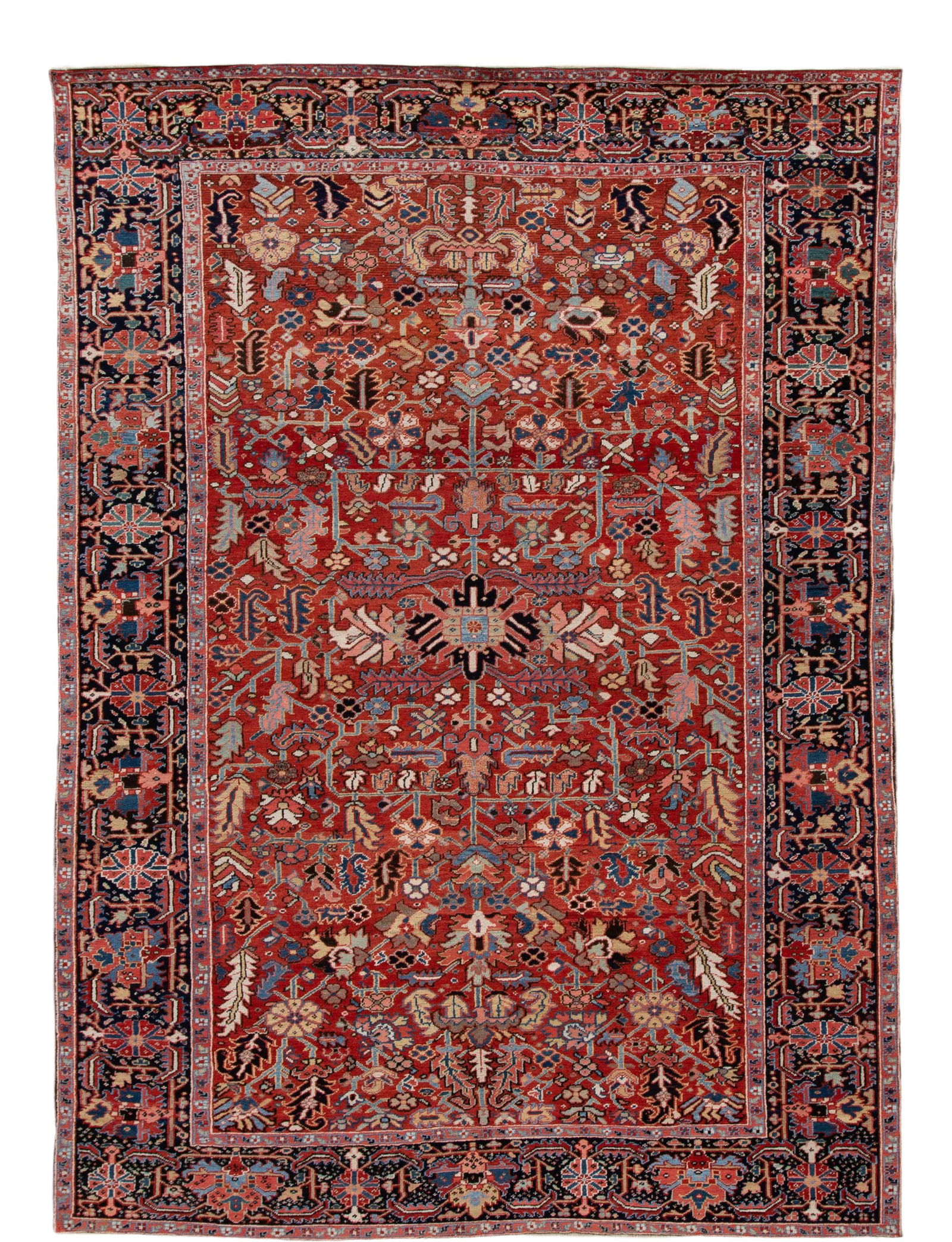 Antique Persian Heriz Wool Rug 8'1 x 11'3 Red Handmade: Antique Persian Heriz Wool Rug 8'1 x 11'3 Red Handmade Discover the charm of this beautiful antique Persian Heriz rug, expertly hand-knotted from high-quality wool. Featuring a vibrant red field, this