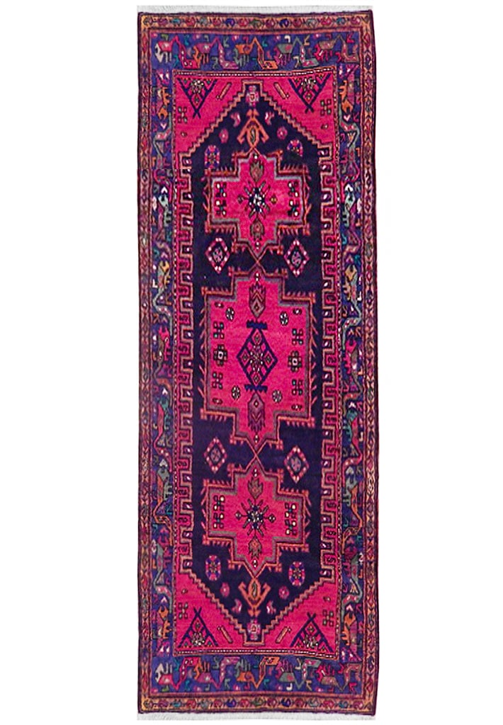 3.6 x 9.7 Handcrafted Semi-Antique Persian Hamadan Runner in Dark Pink: 3.6 x 9.7 Handcrafted Semi-Antique Persian Hamadan Runner in Dark Pink Free continental US Shipping This exquisite semi-antique Persian Hamadan runner rug, measuring 3' 6" x 9' 7" (42 in x 115 in), is