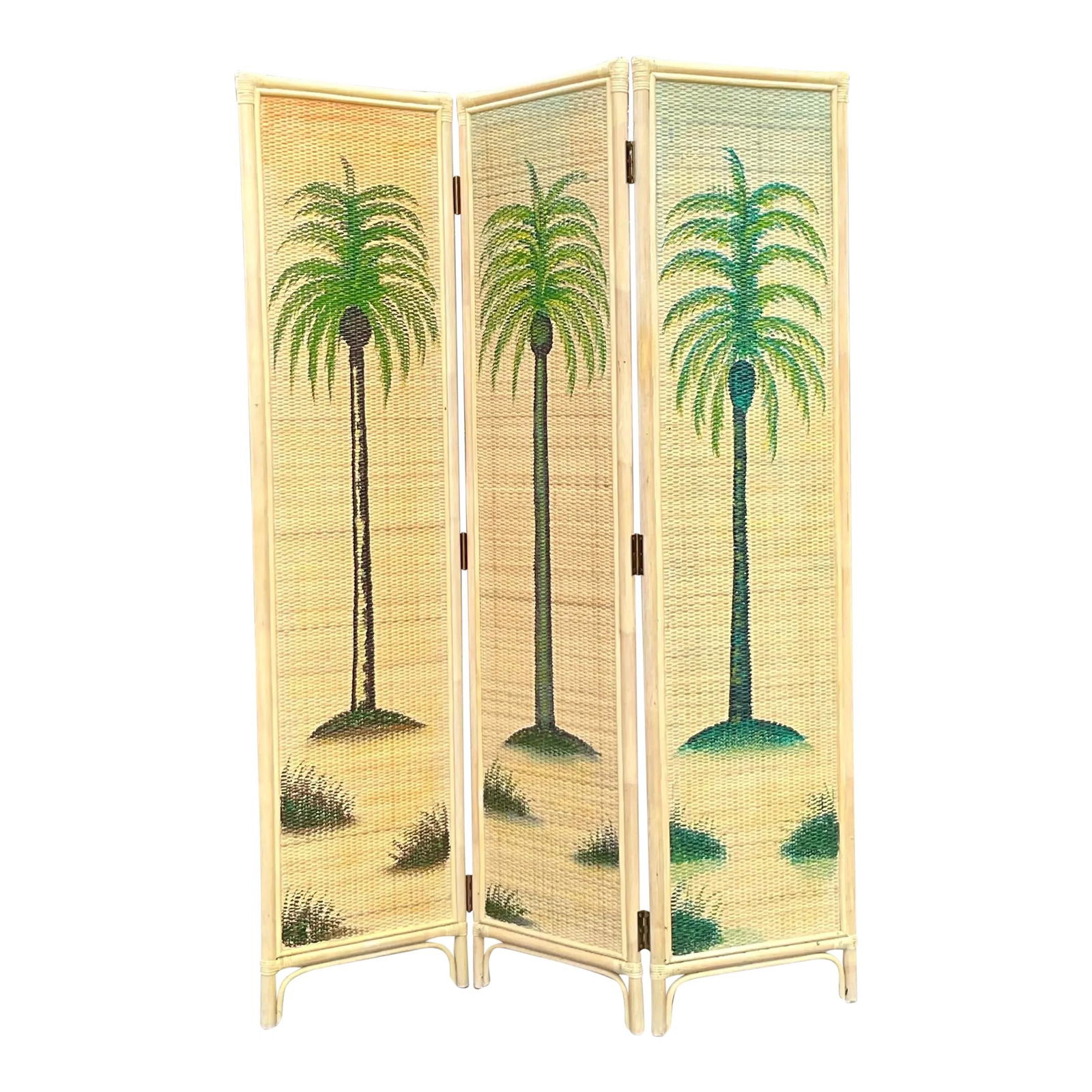 Vintage Coastal Rattan Palm Tree Room Divider 54 x 72.25 Ecru (1 of 6)