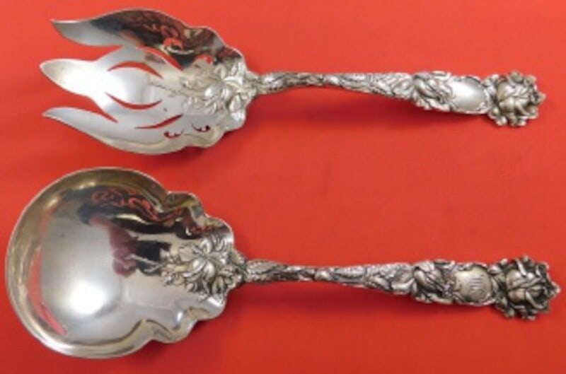 Alvin Bridal Rose Sterling Silver Salad Serving Set 9" Monogrammed: Alvin Bridal Rose Sterling Silver Salad Serving Set 9" Monogrammed This exquisite Bridal Rose Sterling Silver Salad Serving Set by Alvin is a stunning addition to any dining collection. Crafted from g