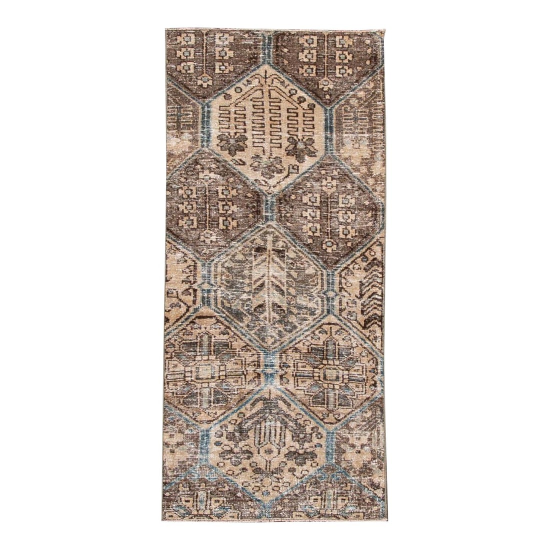 Vintage Handmade Wool Rug Beige Geometric Design: Vintage Handmade Wool Rug Beige Geometric Design Enhance your space with this stunning Vintage Distressed Handmade Wool Rug, featuring a beautiful beige field adorned with blue and brown accents. The