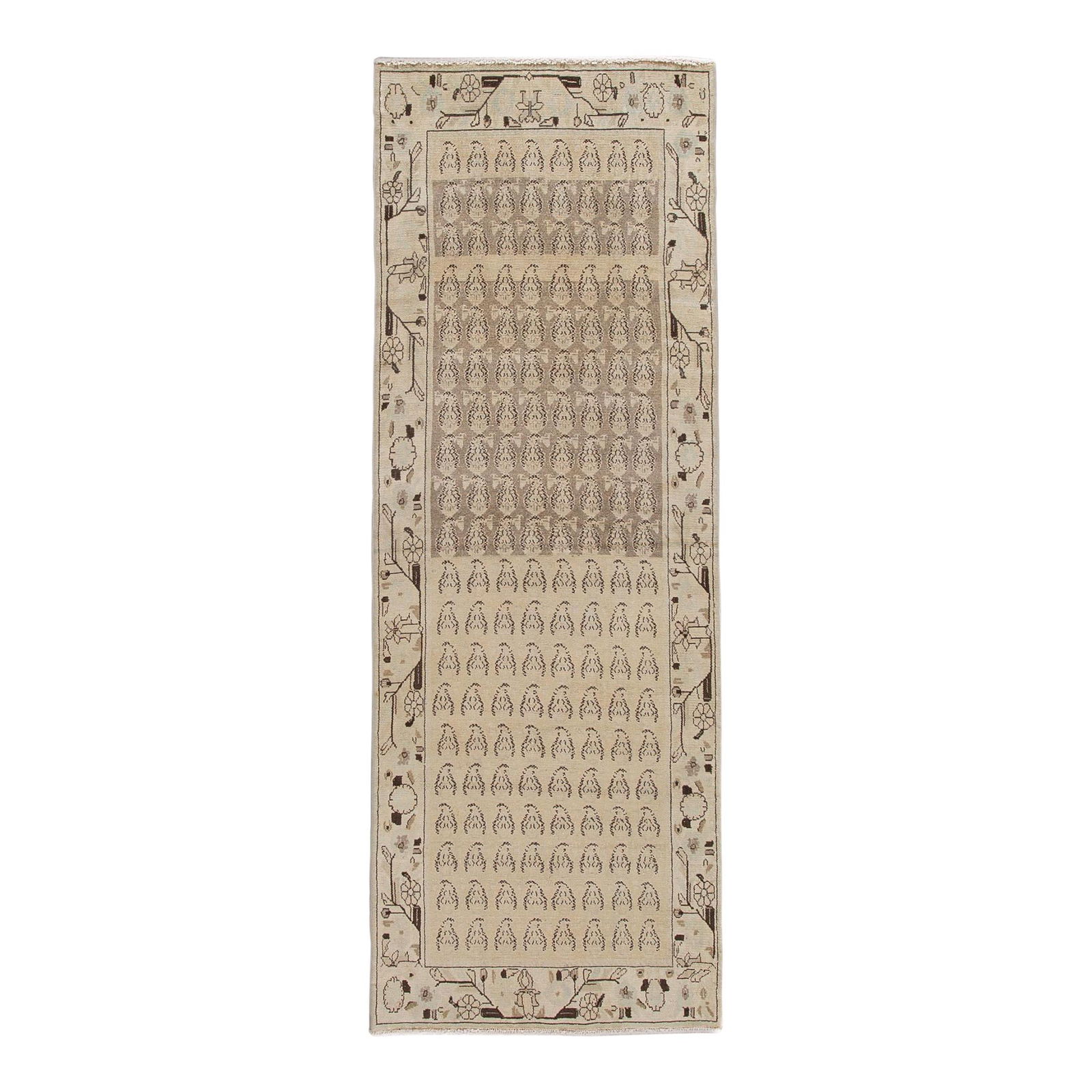 Vintage Persian Wool Runner Beige Geometric Design 3'4 X 9'5: Vintage Persian Wool Runner Beige Geometric Design 3'4 X 9'5 This exquisite Vintage Persian handmade wool runner features a beautiful beige field adorned with a striking all-over geometric pattern in