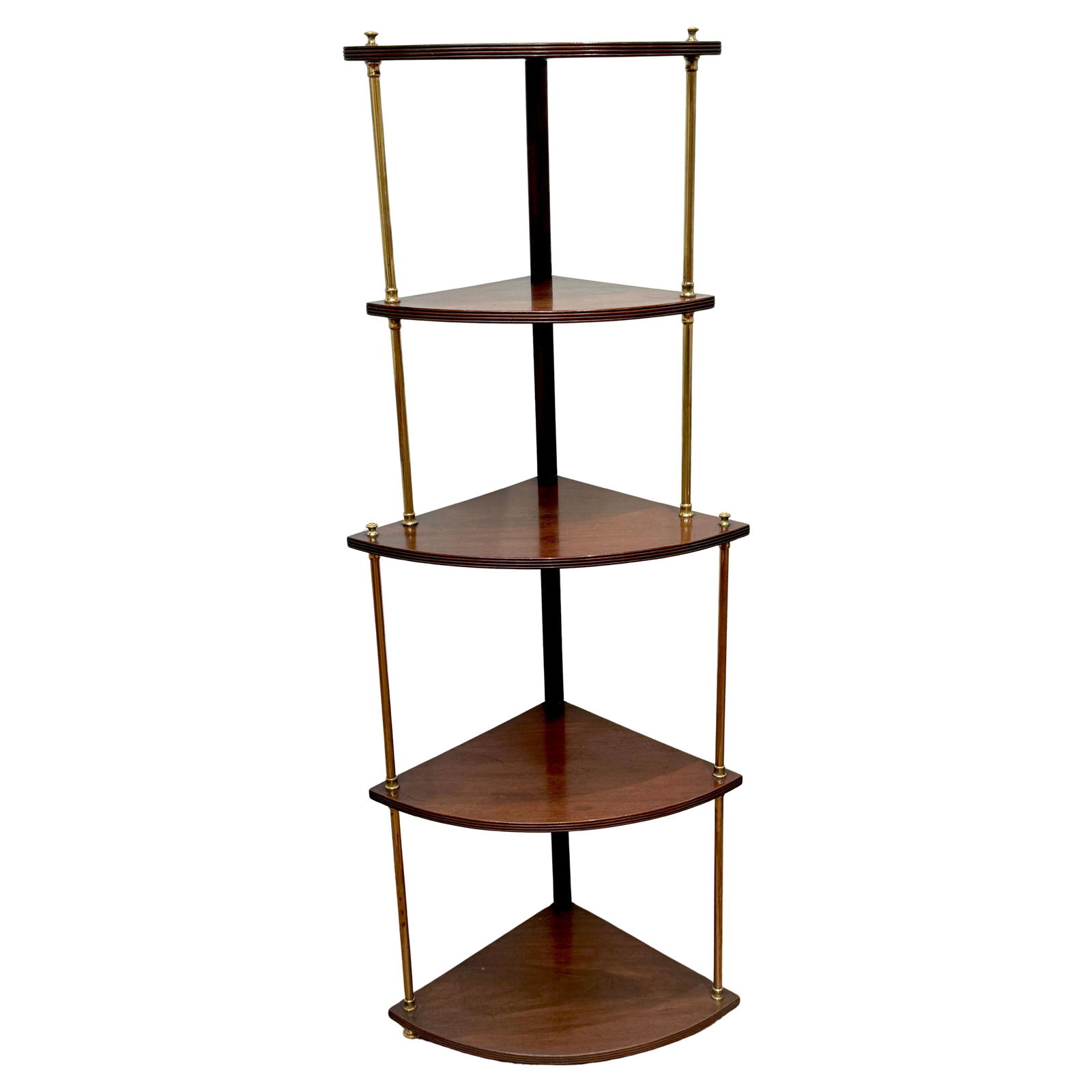 Gillows English Regency Brass-Mounted Mahogany 5-Tier Corner Shelf: Gillows English Regency Brass-Mounted Mahogany 5-Tier Corner Shelf This exquisite English Regency brass-mounted mahogany corner shelf is attributed to the renowned Gillows of Lancaster & London and da