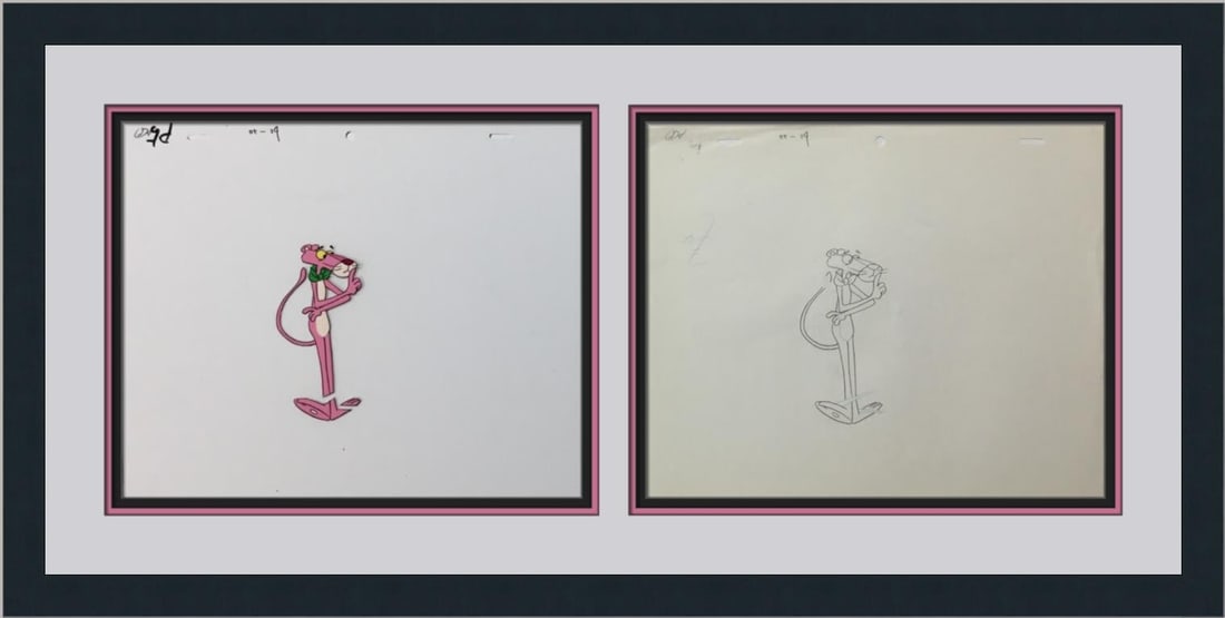 Pink Panther 1970 Original Hand Painted Animation Cel Framed Art: Pink Panther 1970 Original Hand Painted Animation Cel Framed Art This stunning original hand-painted animation production cel features the iconic Pink Panther, created by the renowned Friz Freleng at