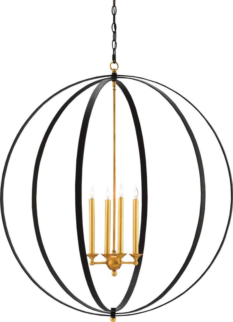 Currey Ogden Orb Chandelier Gold and Black 4 Bulb: Currey Ogden Orb Chandelier Gold and Black 4 Bulb Illuminate your space with the Elegant Modern Ogden Orb Chandelier Fixture, a stunning blend of contemporary design and vintage charm. This exquisite