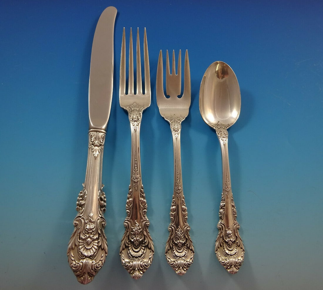 Wallace Sir Christopher Sterling Silver Flatware Set for 12 48 Pieces: Wallace Sir Christopher Sterling Silver Flatware Set for 12 48 Pieces Experience the elegance of the Sir Christopher flatware set by Wallace, crafted in sterling silver. This exquisite 48-piece set is