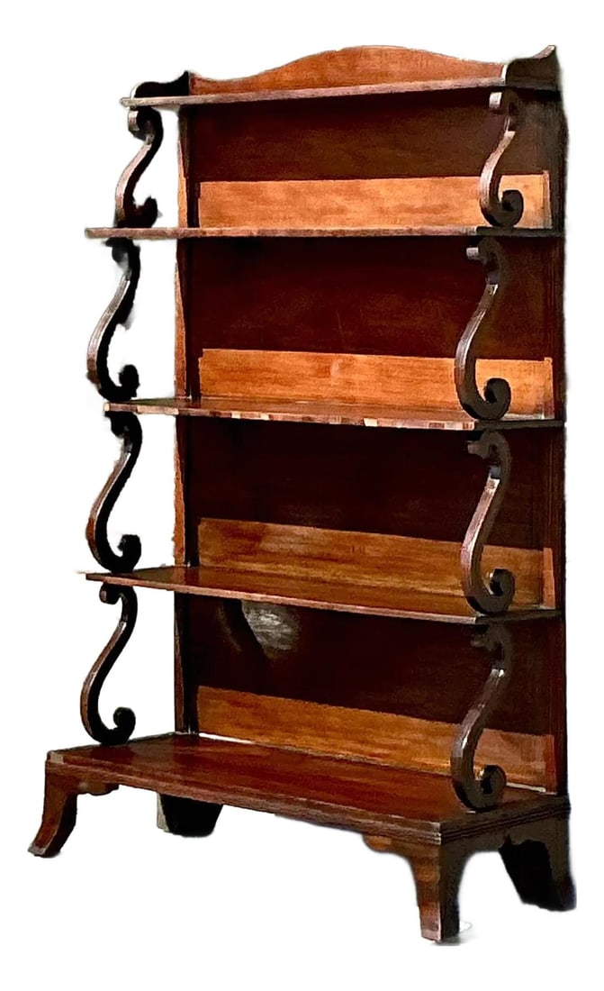 Elegant Vintage Regency Open Etagere Wood Bookcase: Elegant Vintage Regency Open Etagere Wood Bookcase Enhance your home with this exquisite vintage Regency-style open etagere. This stunning bookcase features gracefully scrolled side supports and is cr