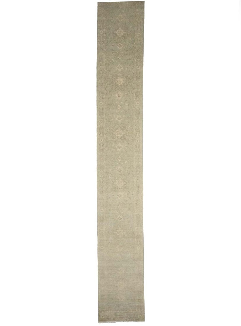 Hand-Knotted Wool Runner Rug Floral Pattern in Muted Aqua Green 2'6 x 18': Hand-Knotted Wool Runner Rug Floral Pattern in Muted Aqua Green 2'6 x 18' This handmade runner rug features a muted aqua green floral pattern with cream and beige accents, offering a transitional styl