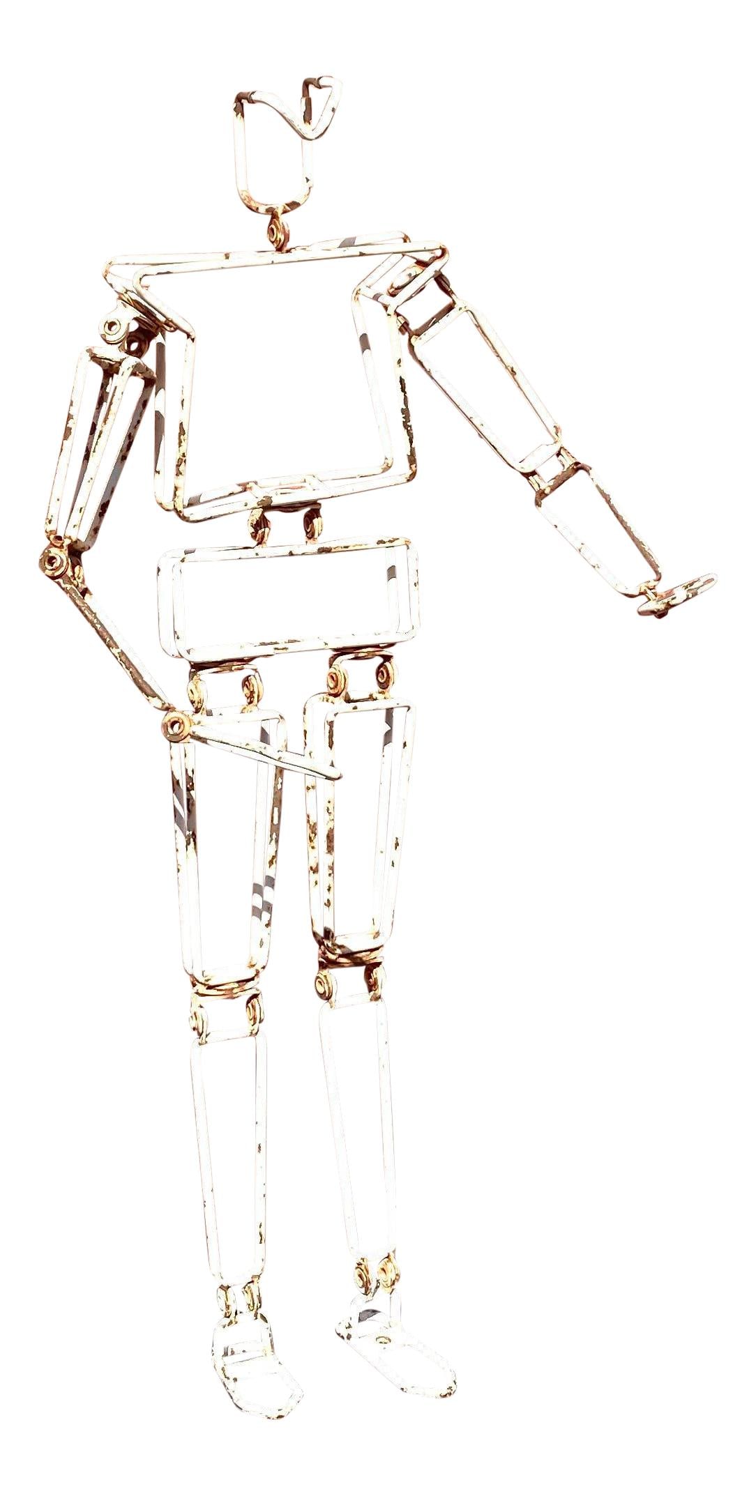 Vintage Articulated Metal Man Statue Industrial Chic 48" Tall: Vintage Articulated Metal Man Statue Industrial Chic 48" Tall Presenting a Vintage Industrial Articulated Man Statue, a striking piece that embodies a chic industrial aesthetic with charming rusty pat