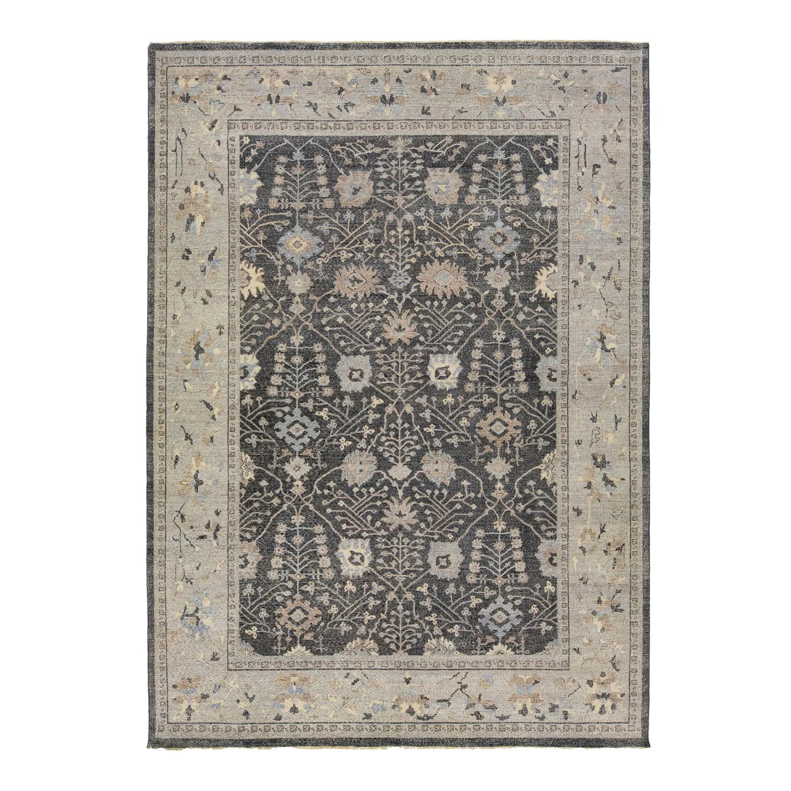 Charcoal Floral Design Wool Rug 9'11 x 13'11: Charcoal Floral Design Wool Rug 9'11 x 13'11 Enhance your living space with this exquisite Allover Modern Mahal Indian Wool Rug, meticulously crafted. This hand-knotted rug features a captivating all-