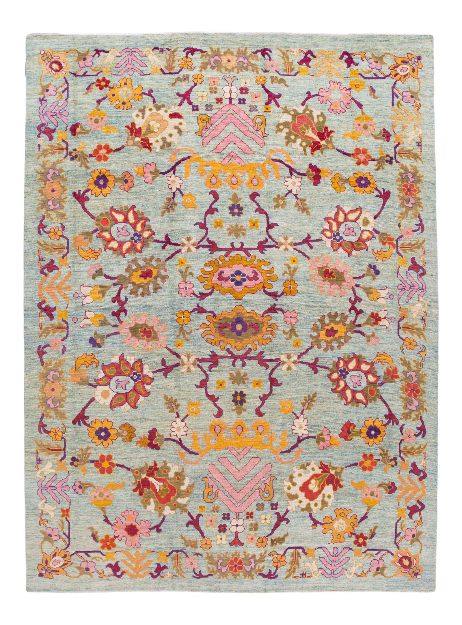 Oversize Handmade Wool Oushak Rug with Colorful Floral Design 12' x 16'3: Oversize Handmade Wool Oushak Rug with Colorful Floral Design 12' x 16'3 This stunning oversized Oushak rug features a vibrant blue field adorned with a beautiful multi-color botanical floral design.