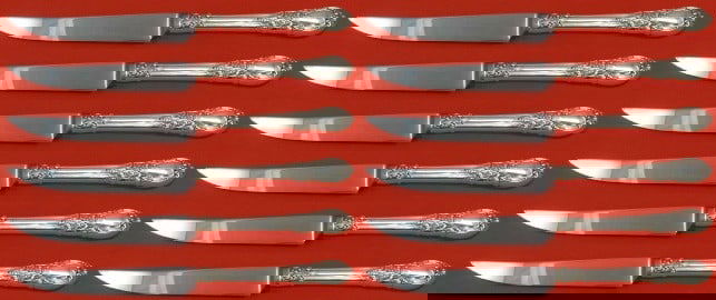 Lunt American Victorian Sterling Silver Steak Knife Set 12 pcs 8.5": Lunt American Victorian Sterling Silver Steak Knife Set 12 pcs 8.5" This exquisite set of 12 steak knives features the elegant American Victorian pattern by Lunt. Each knife is crafted with a sterling