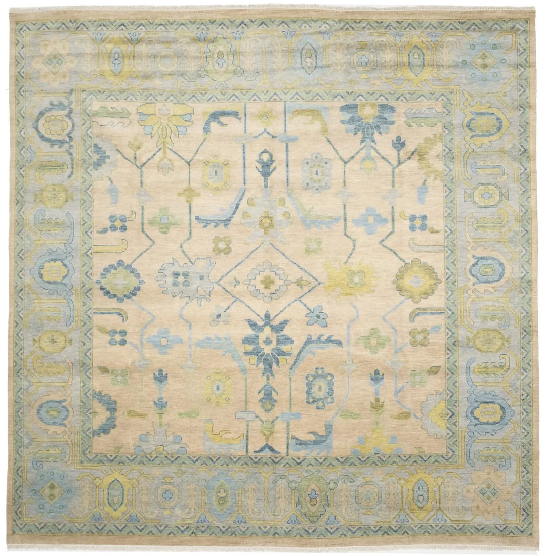 Handmade 12ft Peach Floral Oushak Square Rug Eco-Friendly Decor: Handmade 12ft Peach Floral Oushak Square Rug Eco-Friendly Decor Enhance your living space with this exquisite handmade peach floral Oushak oriental square rug. Measuring 11'10" x 12'0", this beautiful