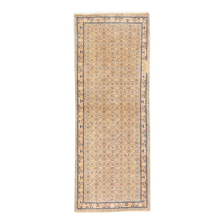 Vintage Floral Hand-Knotted Beige Wool Runner 3'9" x 10'0": Vintage Floral Hand-Knotted Beige Wool Runner 3'9" x 10'0" This exquisite 1960s vintage hand-knotted wool runner features a stunning medallion design set against a warm brown field. The rug is beautif