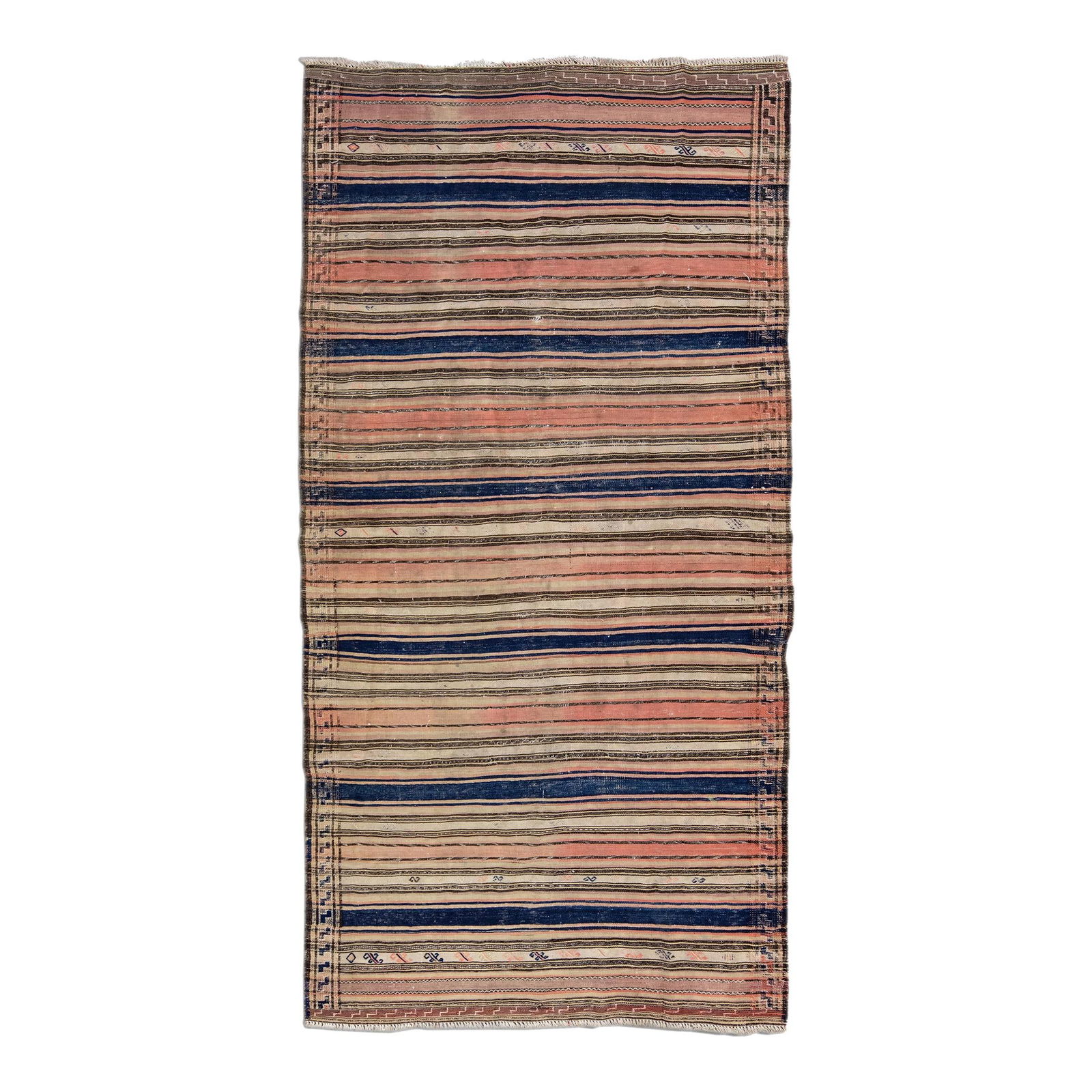 Peach Vintage Kilim Handmade Wool Runner 4'10 x 9'3 Striped Design: Peach Vintage Kilim Handmade Wool Runner 4'10 x 9'3 Striped Design Enhance your space with this stunning Peach Vintage Kilim Handmade Flatweave Striped Wool Runner. This exquisite rug features a vibra
