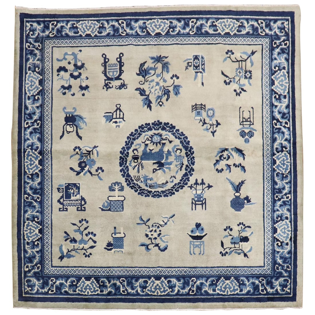 Rare Slate Blue Hand-Woven Chinese Square Rug 72 x 73 in: Rare Slate Blue Hand-Woven Chinese Square Rug 72 x 73 in Discover the beauty of this rare slate blue Chinese square rug from the Zabihi Collection. Hand-woven from high-quality wool, this folk art pie