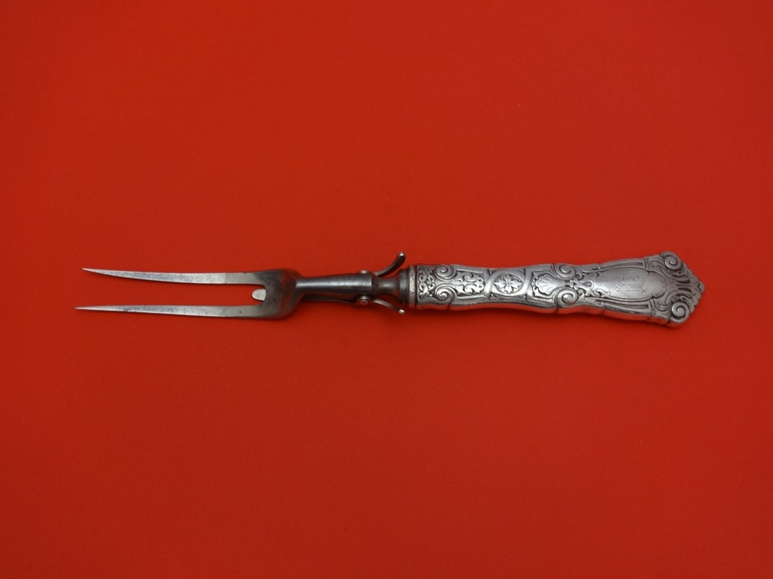 Wallace Berain Sterling Silver Roast Carving Fork 10 3/4" Monogrammed: Wallace Berain Sterling Silver Roast Carving Fork 10 3/4" Monogrammed This exquisite serving fork is a part of the Berain pattern by Wallace, crafted from sterling silver with a stainless steel implem