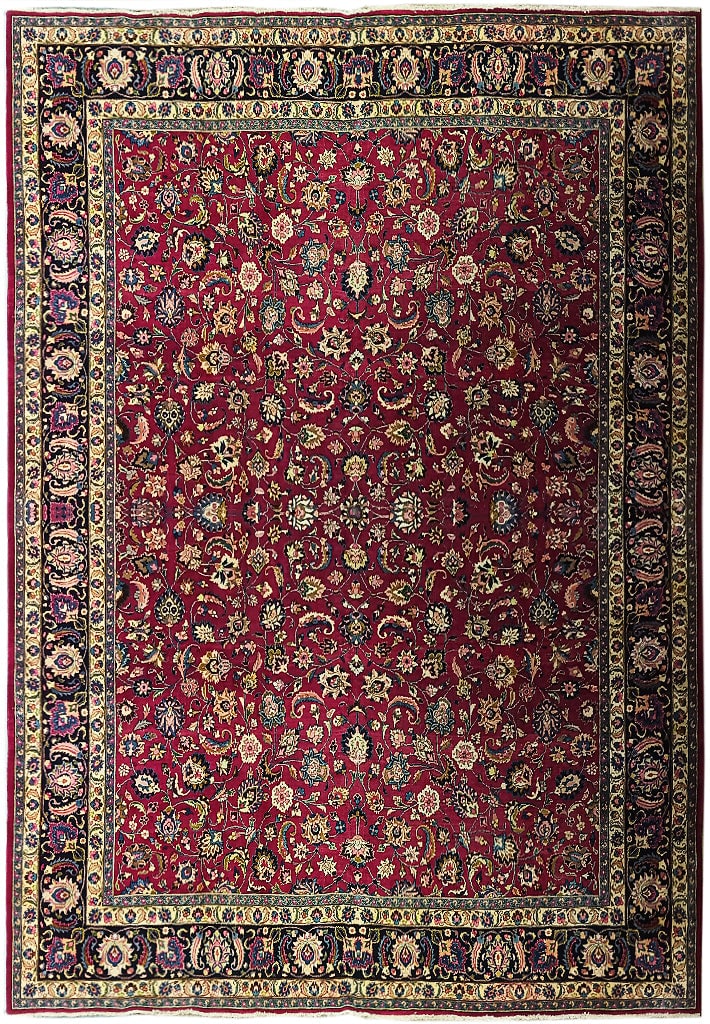 11.4 x 13.6 Signed Persian Mashad Rug Hand-Knotted Wool All-Over Pattern: 11.4 x 13.6 Signed Persian Mashad Rug Hand-Knotted Wool All-Over Pattern Free continental US Shipping Discover the elegance of this majestic 11.4' x 13.6' Signed Persian Mashad Rug, a stunning additio