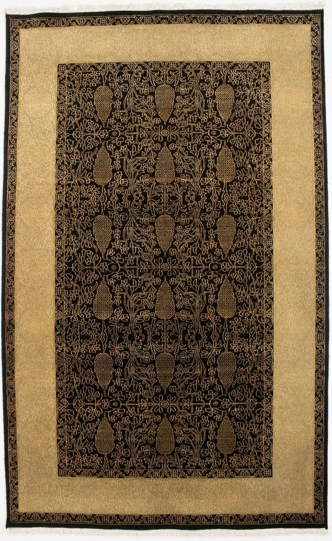 Indian Hand-Knotted Wool and Silk Modern Floral Rug 4'11 x 7'11: Indian Hand-Knotted Wool and Silk Modern Floral Rug 4'11 x 7'11 This is a hand-knotted Oriental area rug crafted from extra fine wool and silk, featuring a modern floral pattern in black, gold, beige,