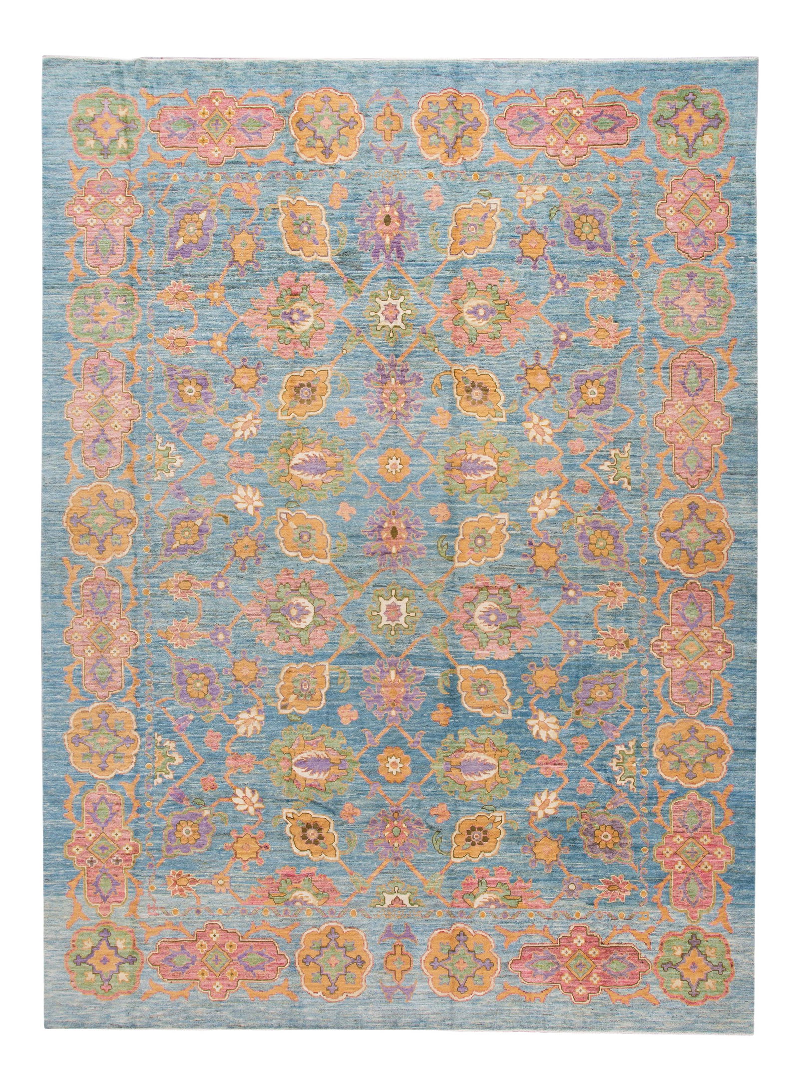 Oversized Blue Hand-Knotted Oushak Wool Rug 11'9 x 16': Oversized Blue Hand-Knotted Oushak Wool Rug 11'9 x 16' Enhance your living space with this stunning oversized modern Oushak handmade wool rug, featuring a captivating blue field and a vibrant botanica