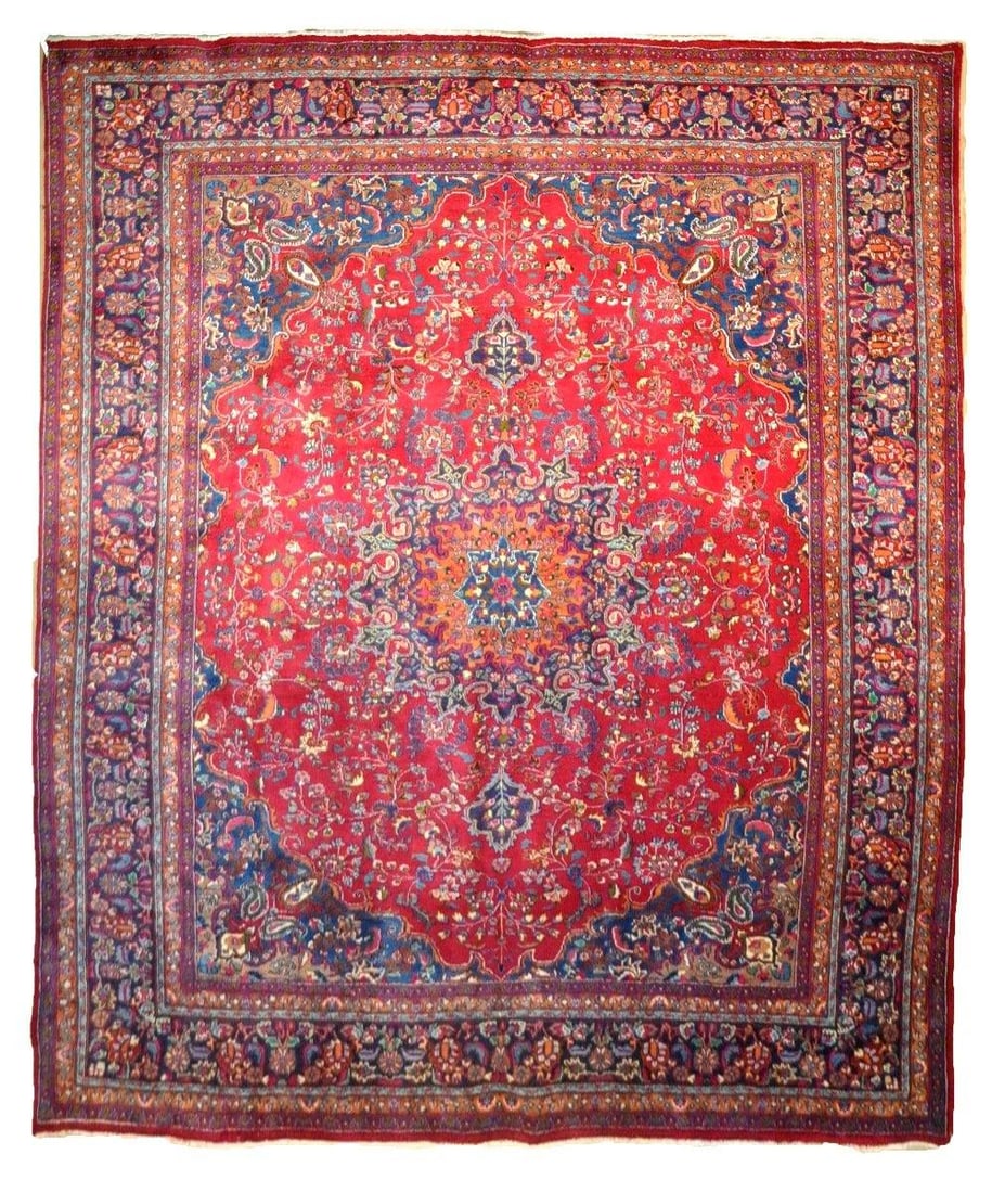 Luxury 9.8 x 12.7 Red Handmade Persian Mashad Rug from Iran: Luxury 9.8 x 12.7 Red Handmade Persian Mashad Rug from Iran Free continental US Shipping Introducing a stunning 9.8 x 12.7 Red Traditional Persian Mashad Rug, handcrafted by skilled Persian artisans.