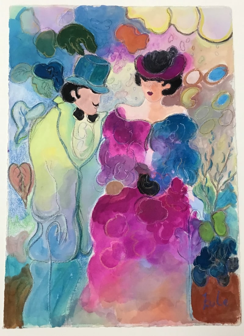 Zule Moskowitz Original Pastel on Arches Paper Signed 40x29 Colorful Figurative Artwork: Zule Moskowitz Original Pastel on Arches Paper Signed 40x29 Colorful Figurative Artwork Experience the enchanting world of Zule Moskowitz with this original pastel artwork on Arches paper, measuring 4