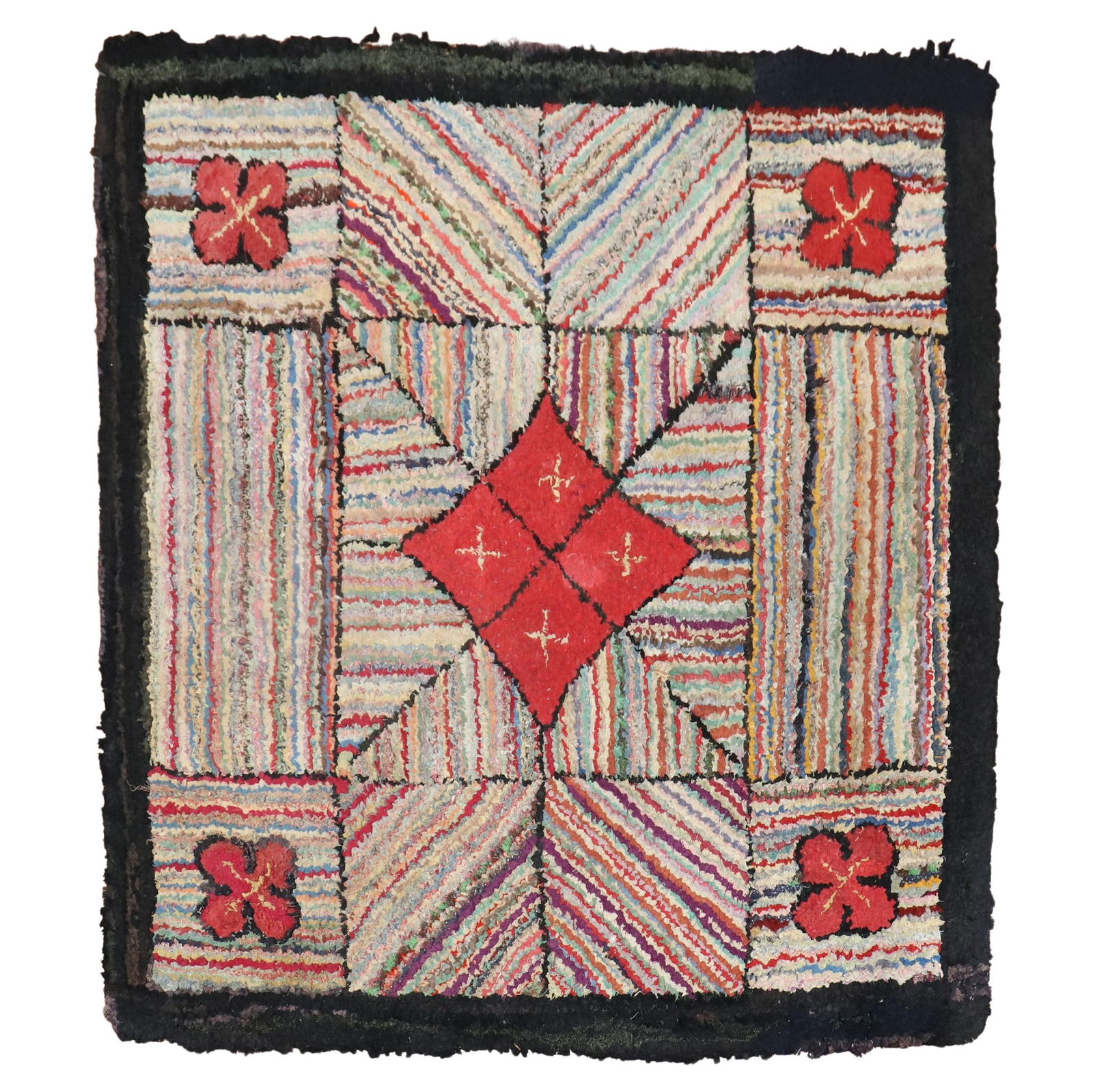 Mid-20th Century Handmade American Hooked Jute Wool Rug 40 in Square: Mid-20th Century Handmade American Hooked Jute Wool Rug 40 in Square Enhance your space with this exquisite Square American Hooked Scatter Rug. This handmade decorative rug showcases the artistry of m