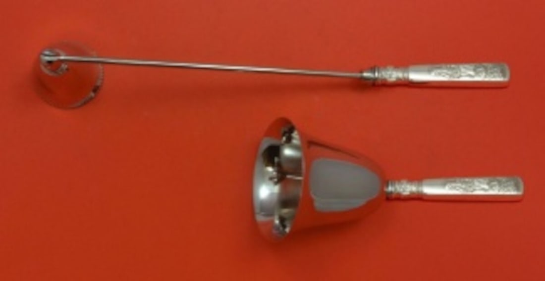 Gorham Fontainebleau Sterling Silver Hostess Set 2pc Dinner Bell Candle Snuffer: Gorham Fontainebleau Sterling Silver Hostess Set 2pc Dinner Bell Candle Snuffer Enhance your dining experience with the Fontainebleau by Gorham Sterling Silver Come-To-Dinner Set. This exquisite 2-pie