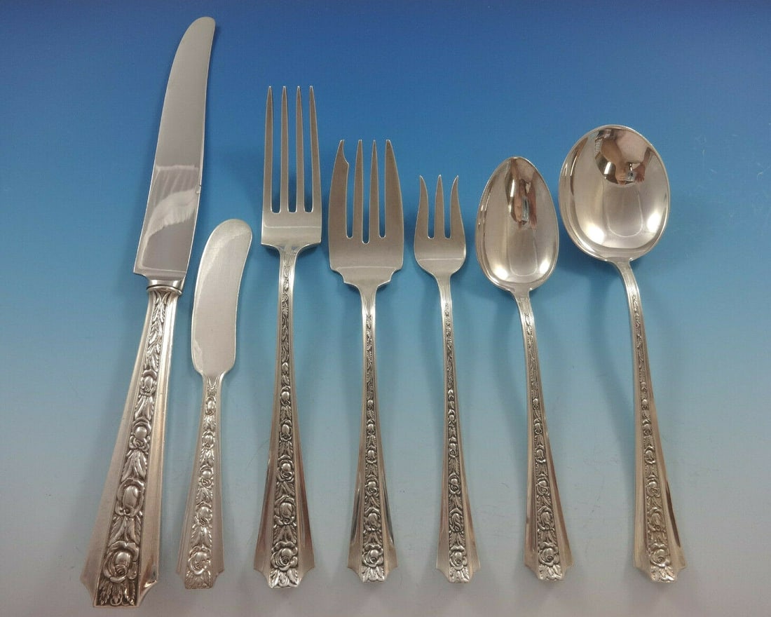 Frank Whiting Talisman Rose Sterling Silver Flatware Set 86 Pcs with Storage Chest: Frank Whiting Talisman Rose Sterling Silver Flatware Set 86 Pcs with Storage Chest Experience elegance with the Talisman Rose flatware set by Frank Whiting. Crafted from high-quality sterling silver,