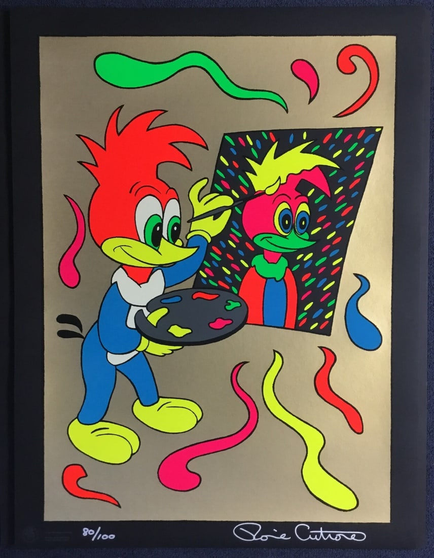 Ronnie Cutrone Putting On A Face Woody Woodpecker Limited Edition Serigraph 1989 Signed: Ronnie Cutrone Putting On A Face Woody Woodpecker Limited Edition Serigraph 1989 Signed This striking serigraph titled "Putting On A Face" features Woody Woodpecker and is a limited edition piece by a