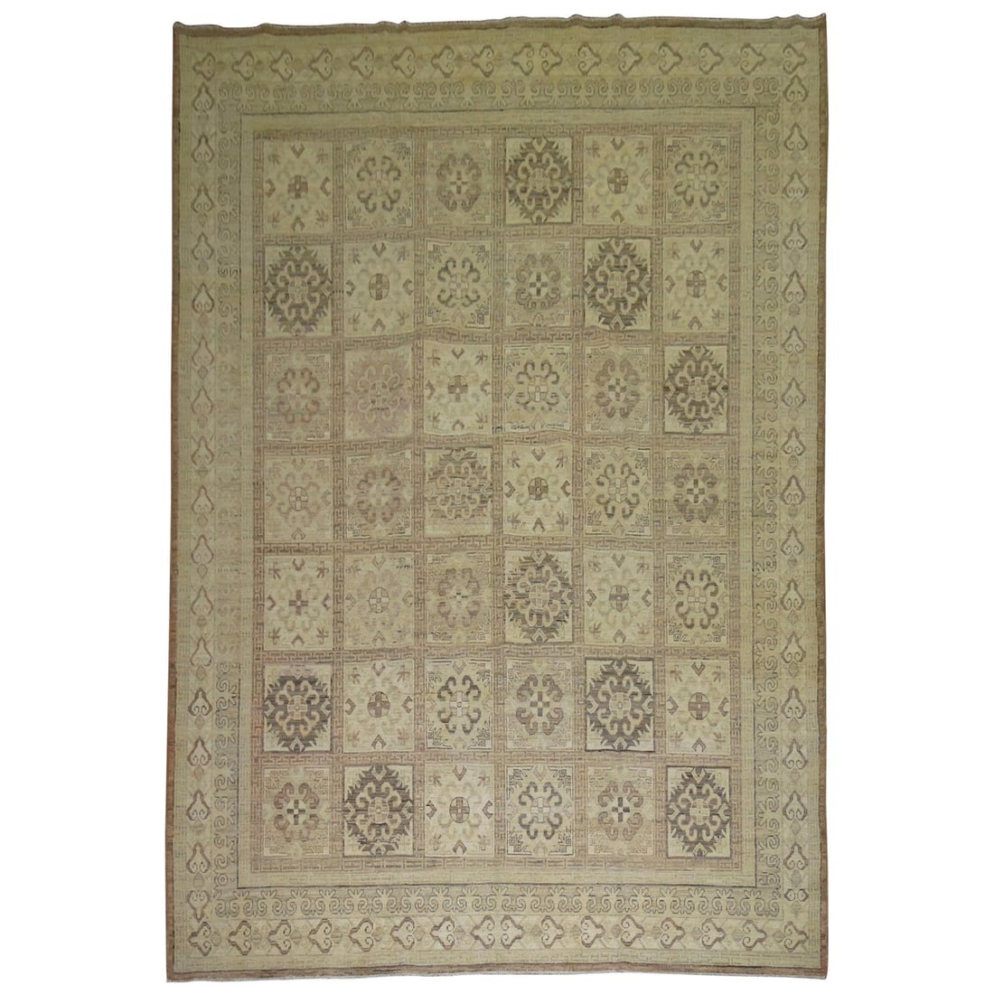 Vintage Khotan Tabriz Rug Hand-Knotted Wool 8'8" x 11'10" Pakistan: Vintage Khotan Tabriz Rug Hand-Knotted Wool 8'8" x 11'10" Pakistan This stunning vintage Khotan rug showcases a classic all-over panel design reminiscent of mid-20th century Persian Bakhtiar or Tabriz