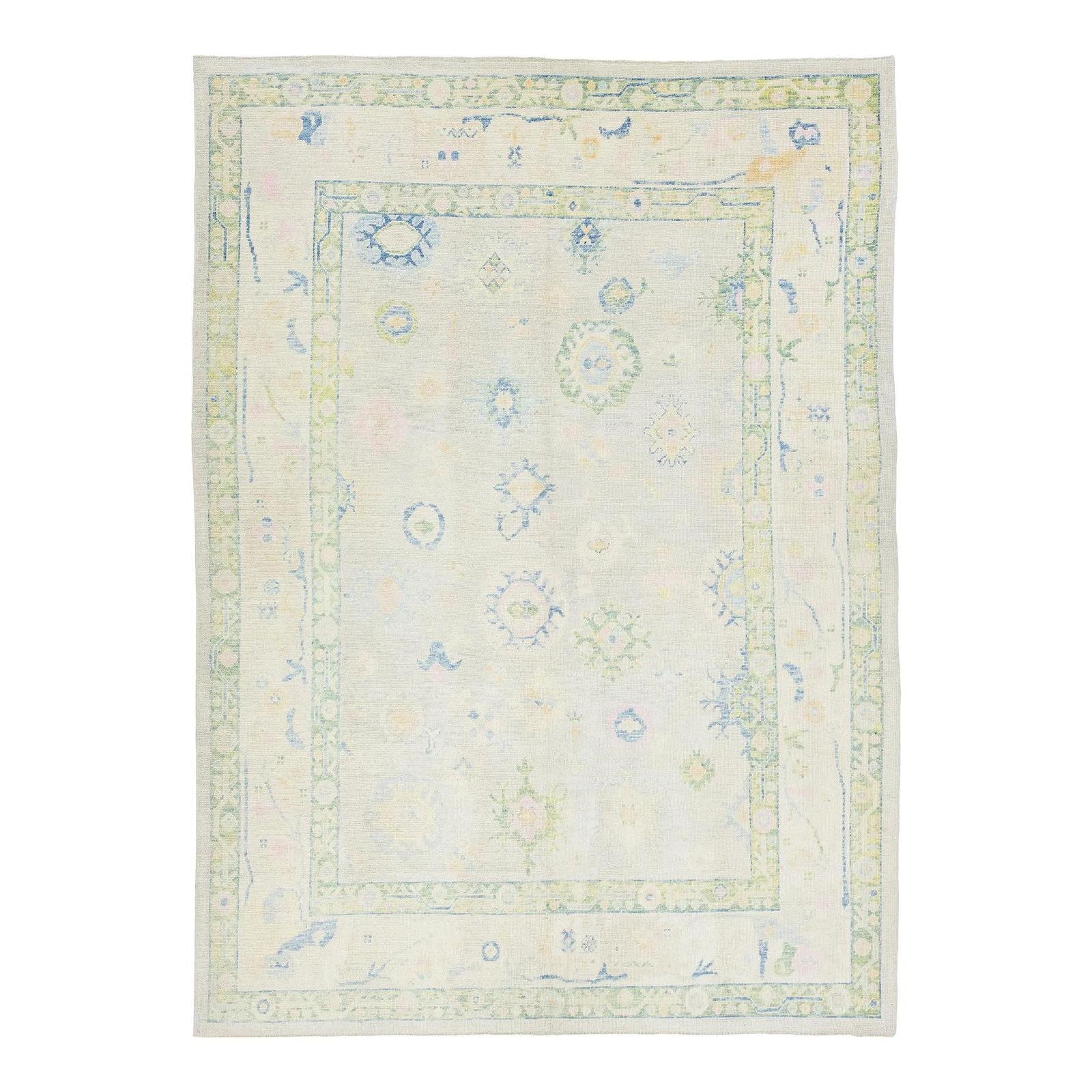 Elegant Turkish Oushak Wool Rug 9'6 x 13'2 Beige Floral Design: Elegant Turkish Oushak Wool Rug 9'6 x 13'2 Beige Floral Design Enhance your living space with this stunning Turkish hand-knotted wool rug. Featuring a beige field adorned with an eye-catching floral p