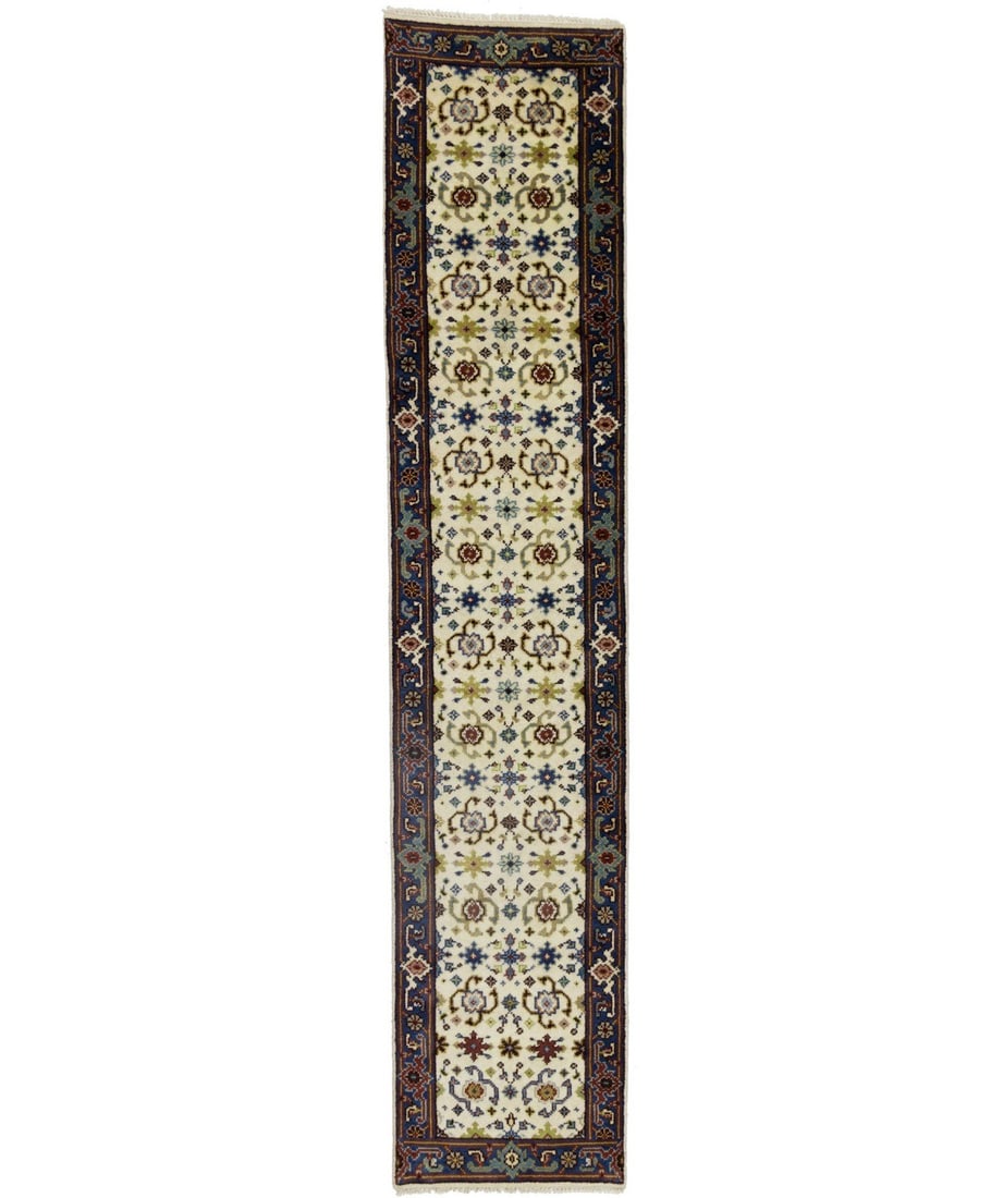 2'6 x 12'2 Wool Runner Rug Hand-Knotted Floral Pattern from India: 2'6 x 12'2 Wool Runner Rug Hand-Knotted Floral Pattern from India This hand-knotted runner rug features an allover floral design in cream, navy, rusty red, gray, rusty pink, and green tones. Crafted f