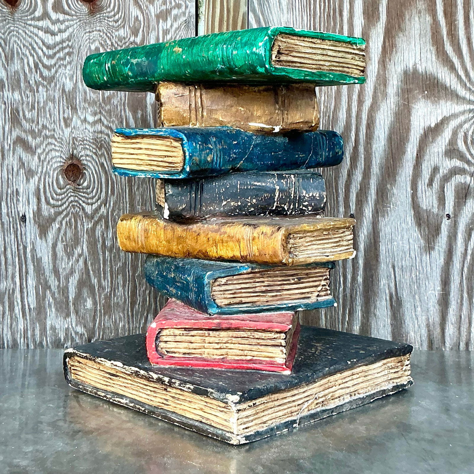 Whimsical Vintage Boho Polychrome Plaster Book Stack Table - 5